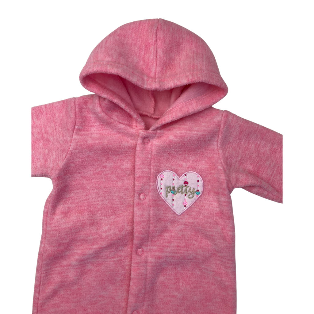 Newborn Pink Melange Fleece Hooded Snap Onesie - Woolworths