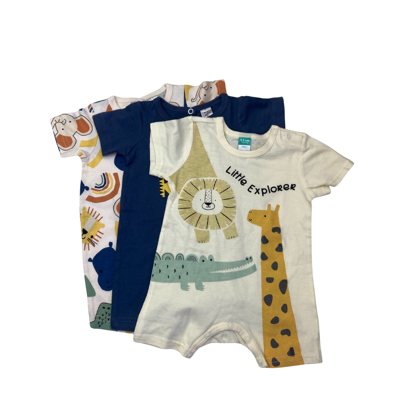 0-3M Cream, Yellow & Blue Animal Rompers - Tiny Tots, Ackermans