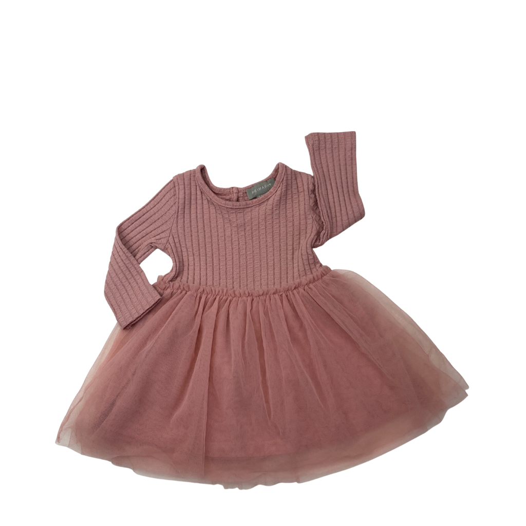 3-6M Dusty Pink Ribbed & Tulle Dress - Primark