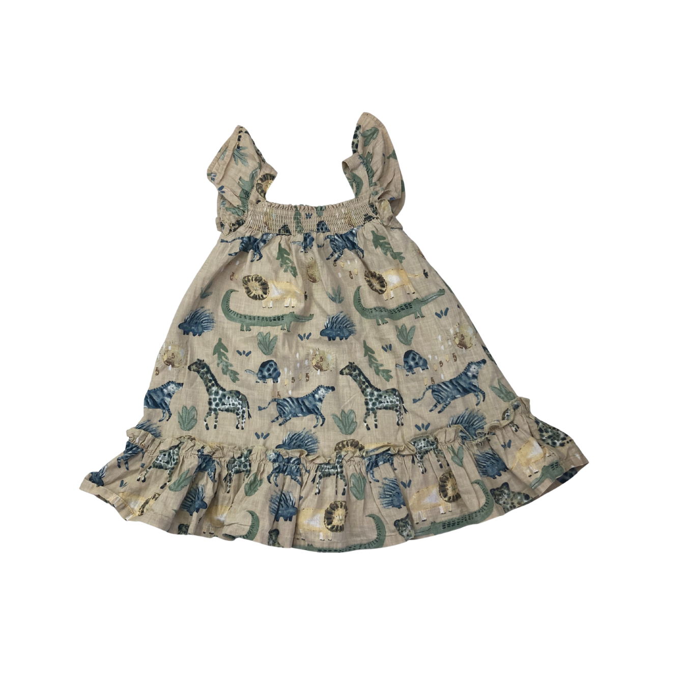 1-1.5Y Beige Watercolour Animal Shirred Dress - Tu