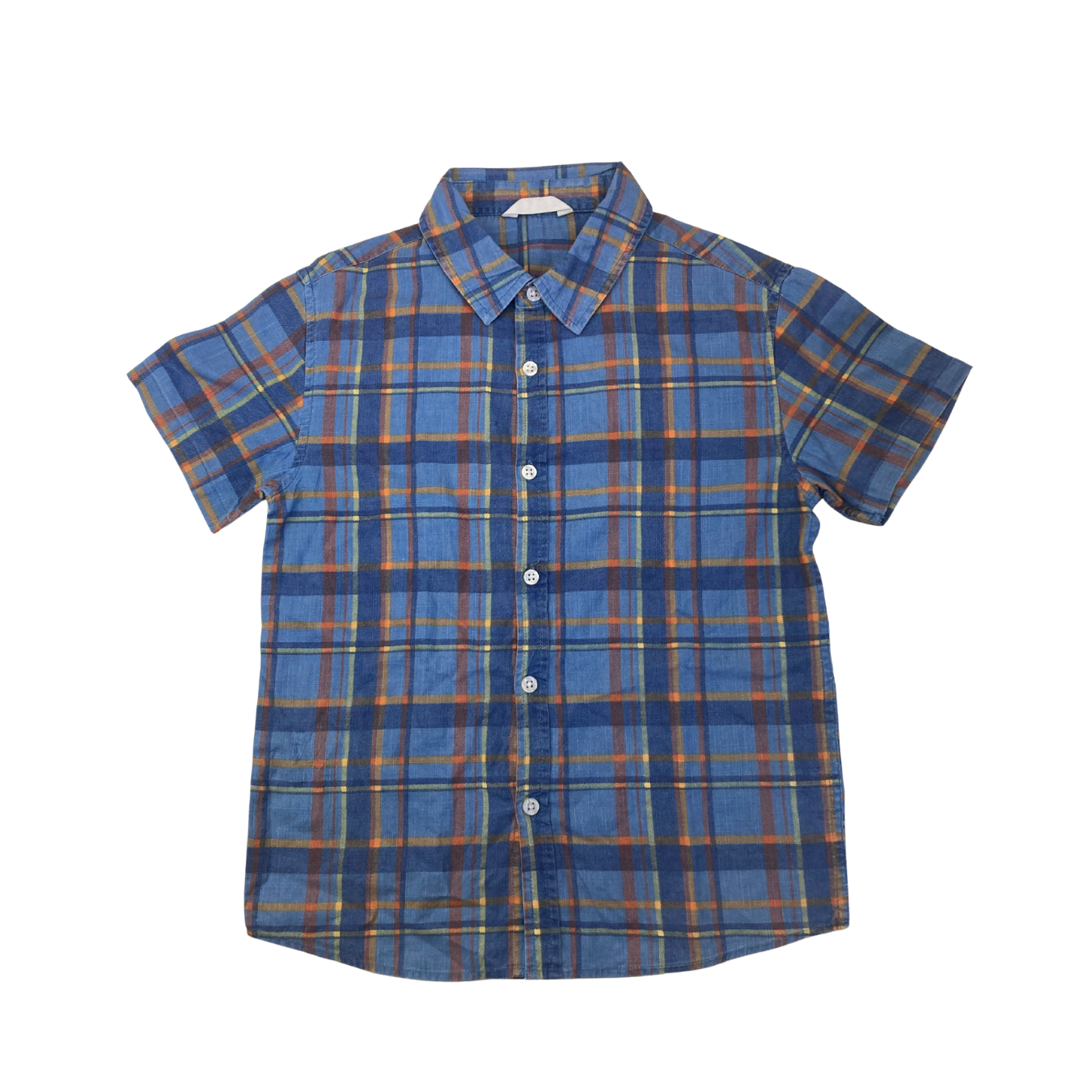 11-12Y Blue & Orange Plaid Button Shirt - Real