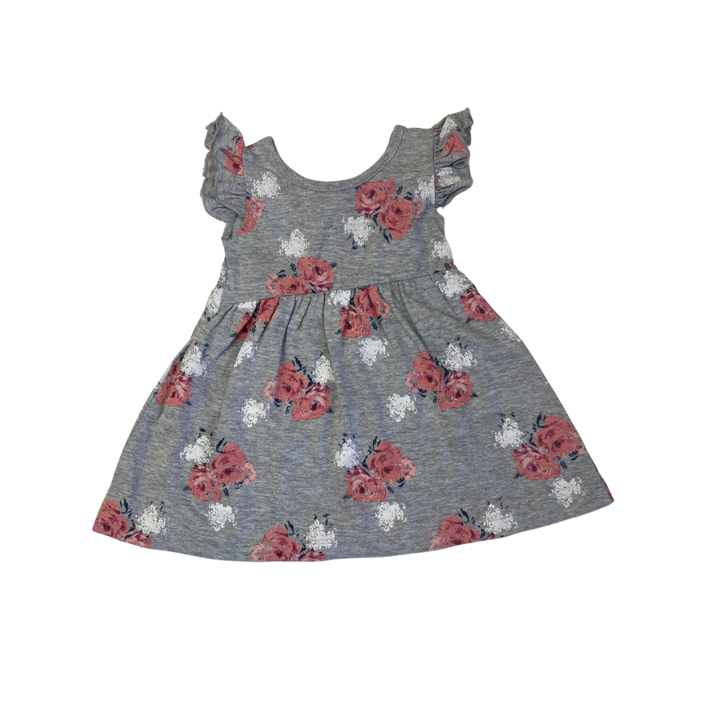 3-6M Grey & Pink Watercolour Rose Print Dress - Tiny Tots