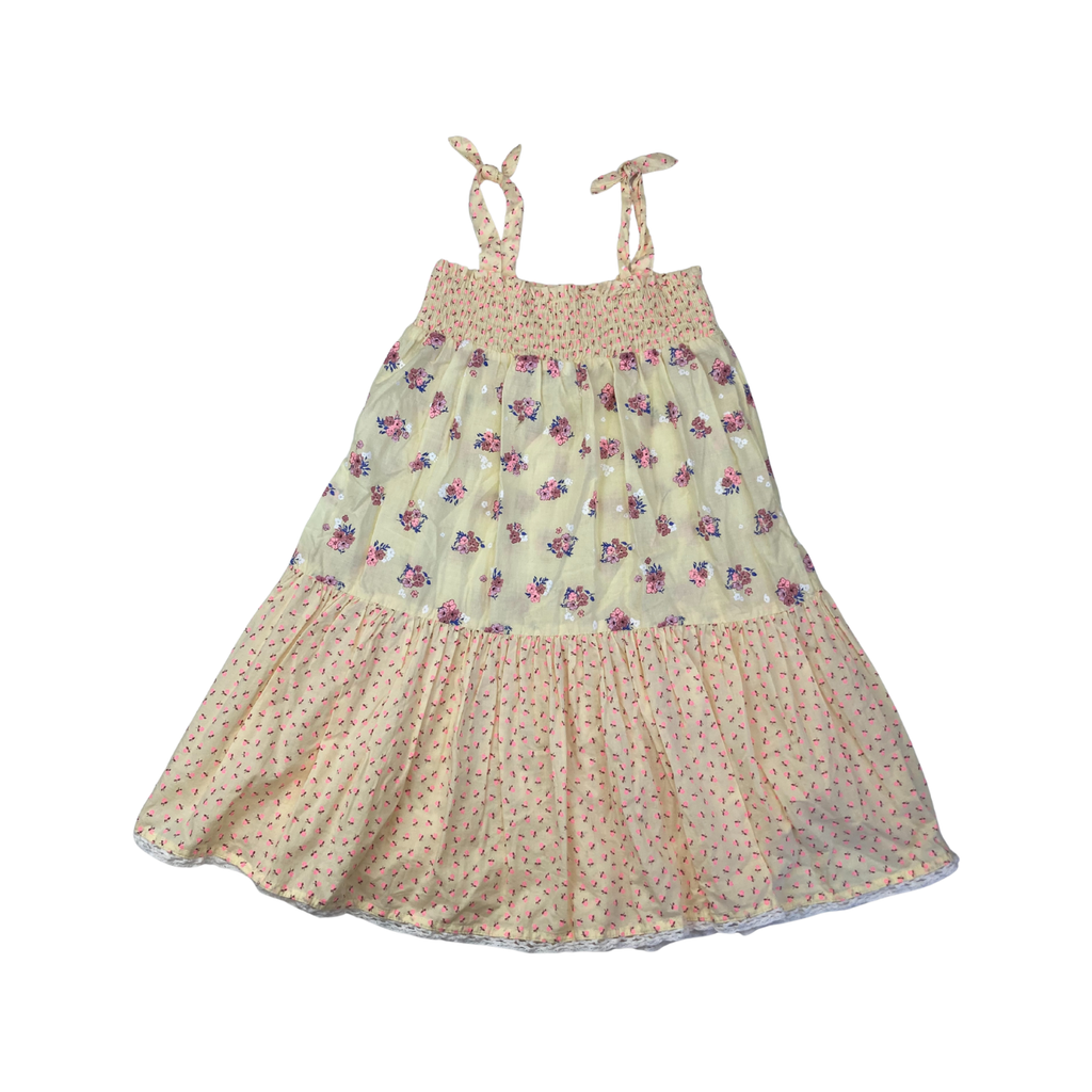 UK 5-6Y Light Yellow Floral Shirred Waist Strappy Tiered Dress - H&M