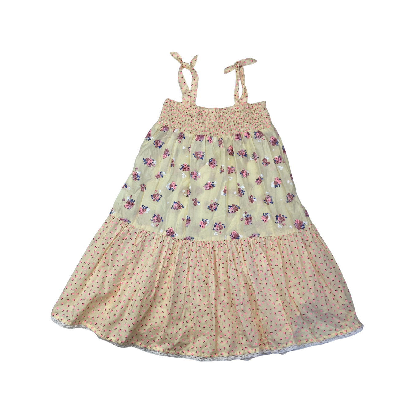 UK 5-6Y Light Yellow Floral Shirred Waist Strappy Tiered Dress - H&M