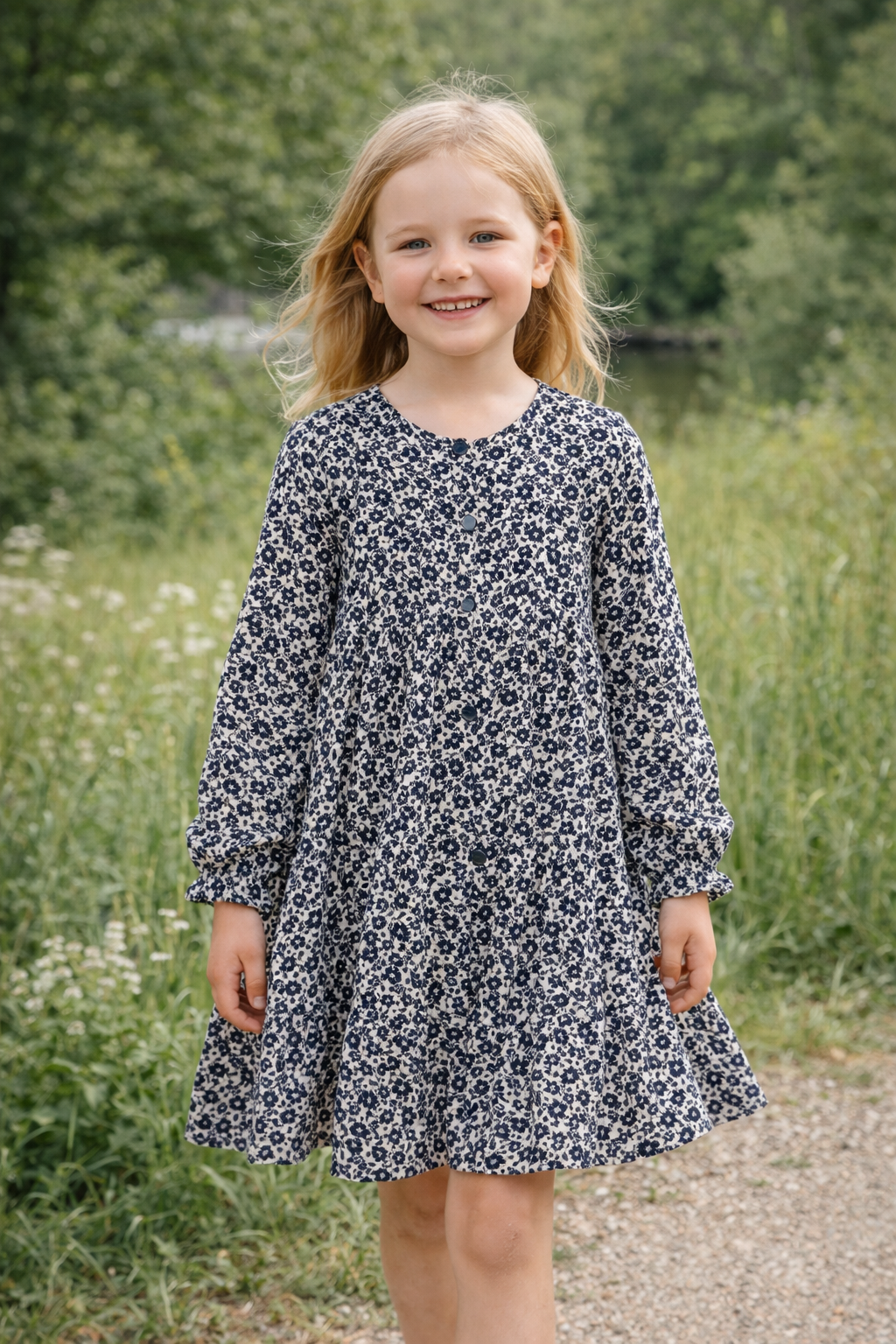 6-7Y Blue & Cream lined long sleeve layered dress - Zara