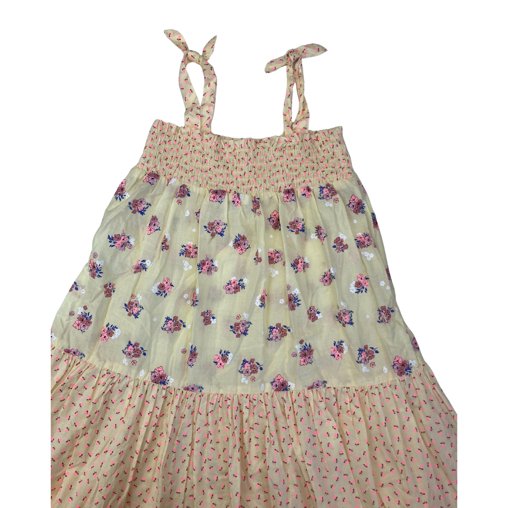 UK 5-6Y Light Yellow Floral Shirred Waist Strappy Tiered Dress - H&M