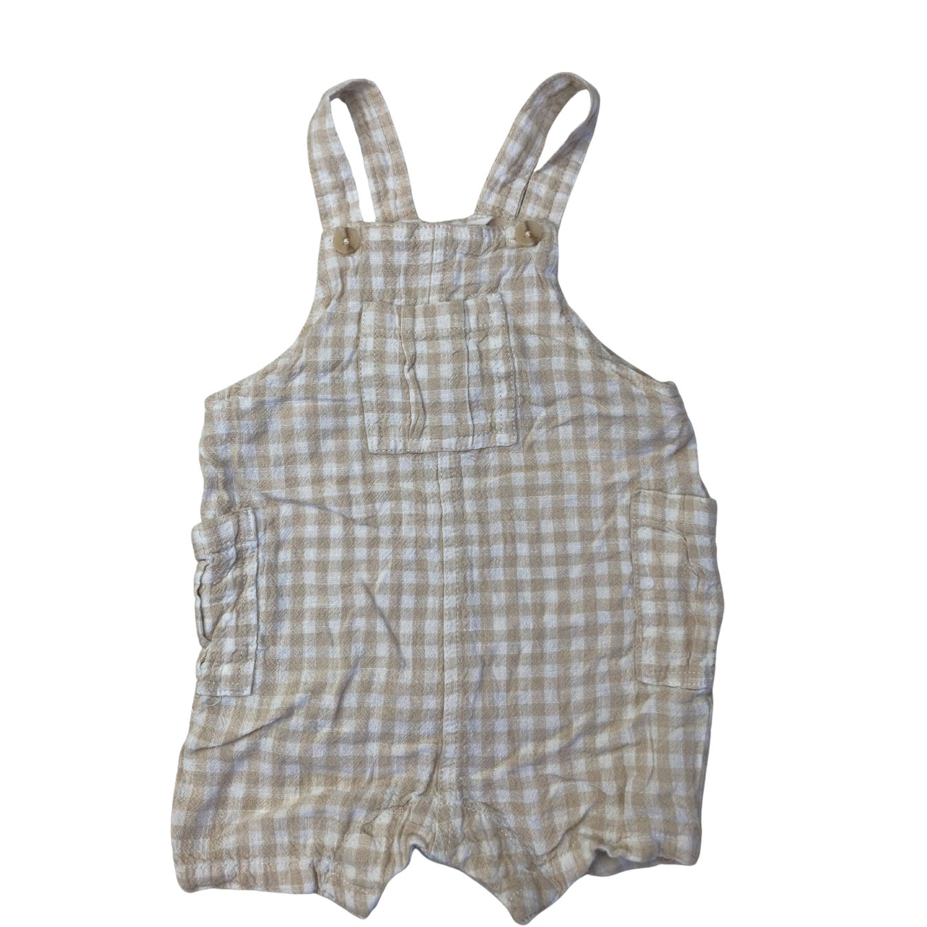 6-12M Beige & White Gingham Cotton Summer Dungaree - Cotton On