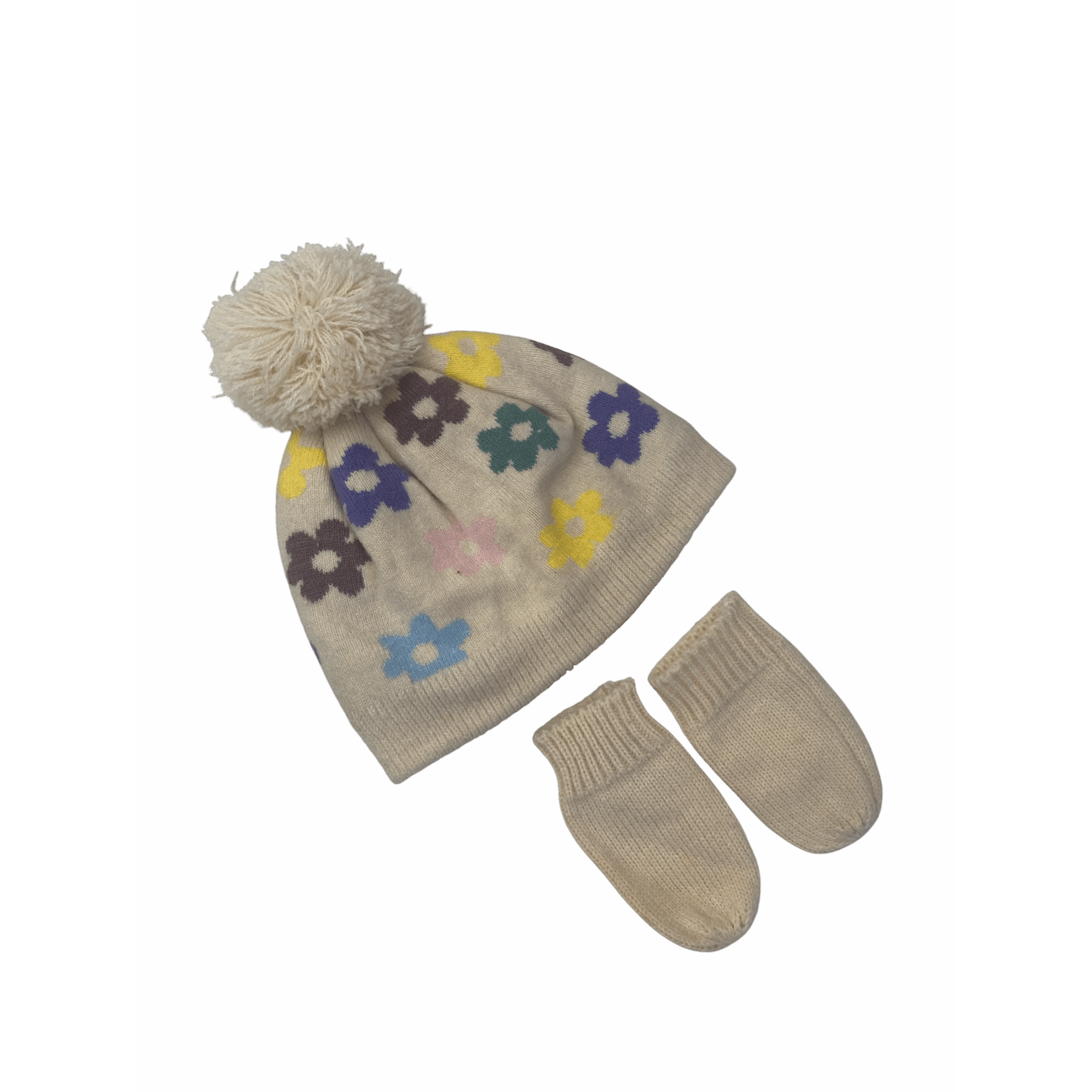 3-6M Cream Knit Daisy Beanie & Mittens - Woolworths