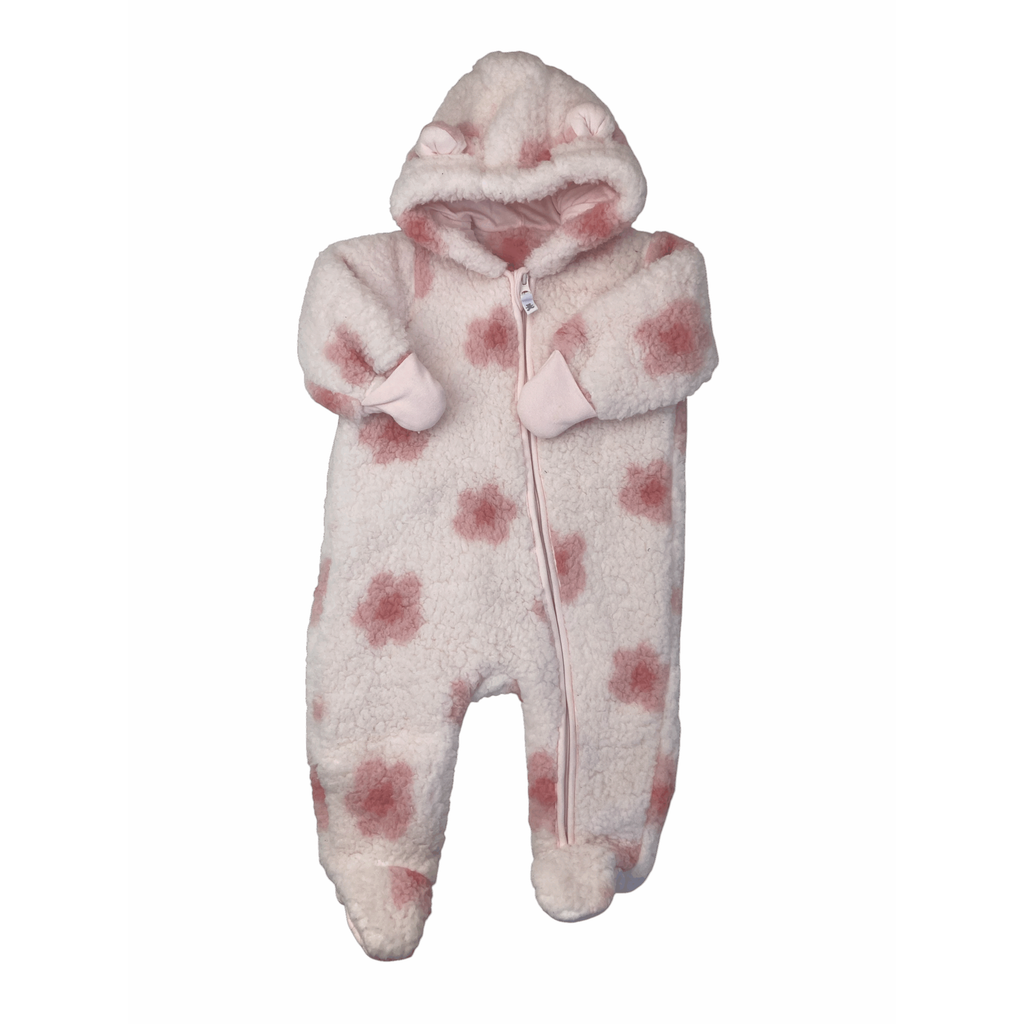 3-6M Pink Flower Teddy Fleece Zip Onesie - Woolworths