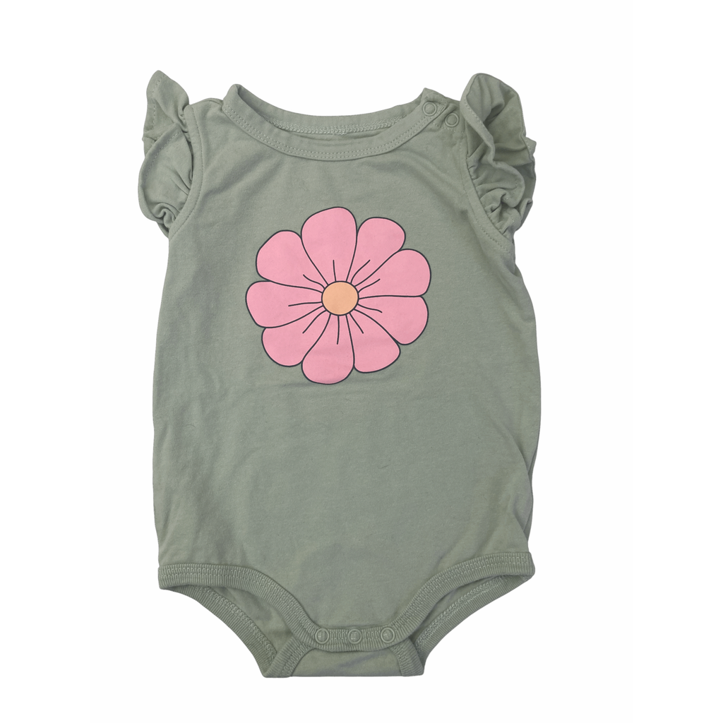 3-6M Mint Green & Pink Flower Frill Sleeve Bodysuit - Cotton On