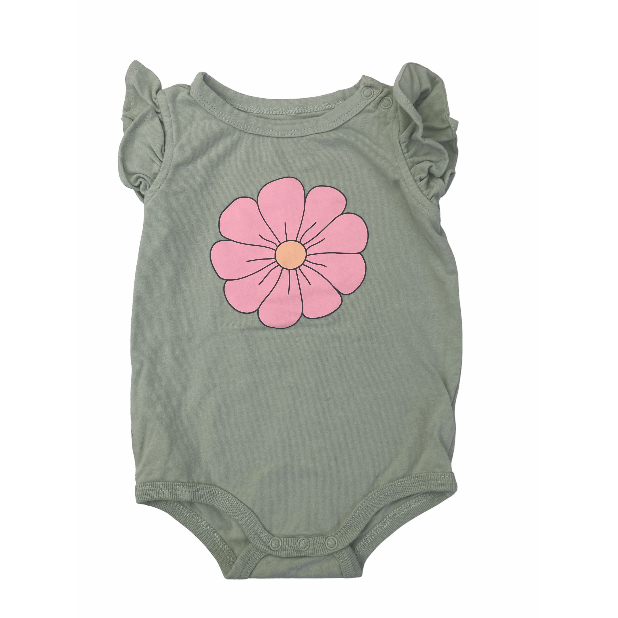 3-6M Mint Green & Pink Flower Frill Sleeve Bodysuit - Cotton On