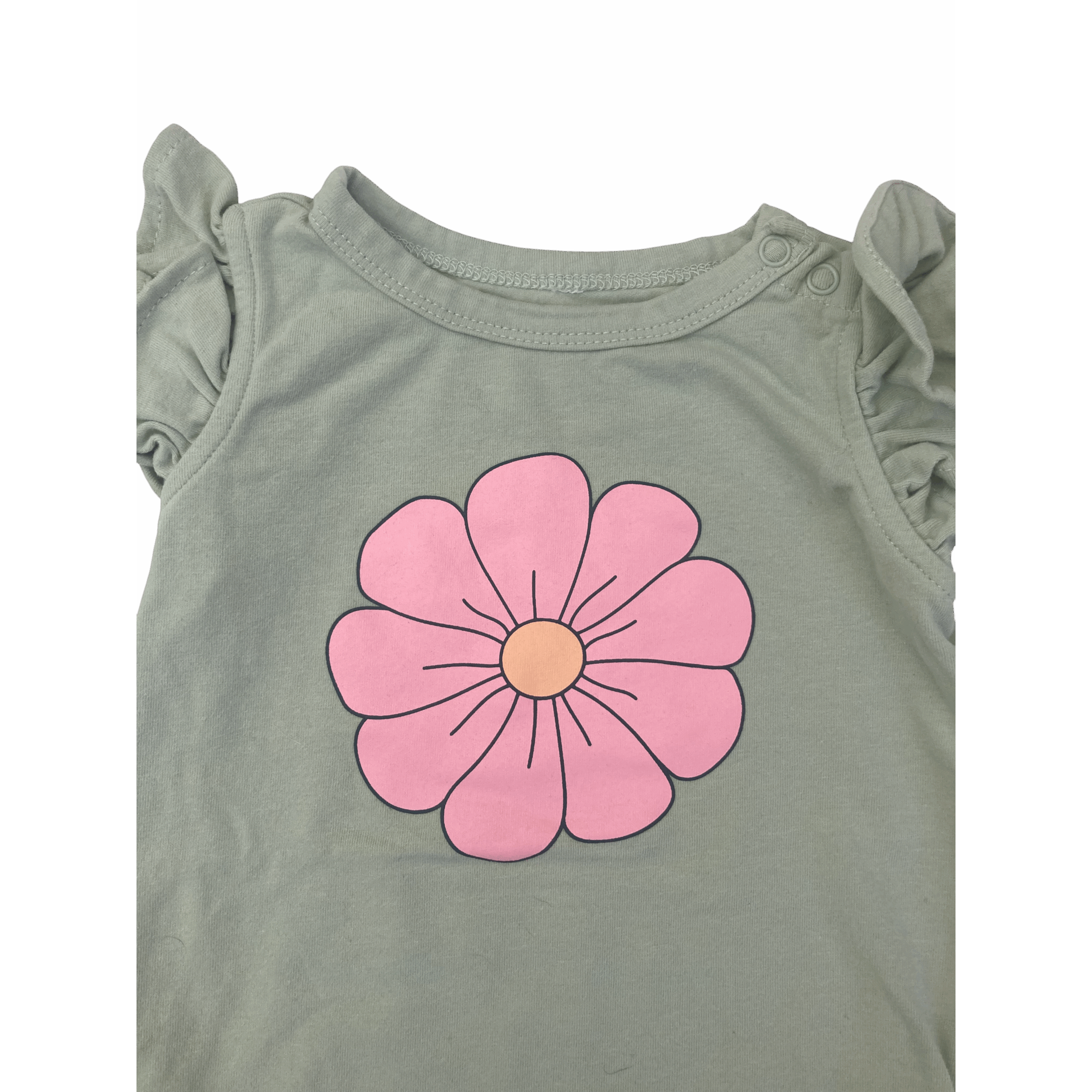 3-6M Mint Green & Pink Flower Frill Sleeve Bodysuit - Cotton On