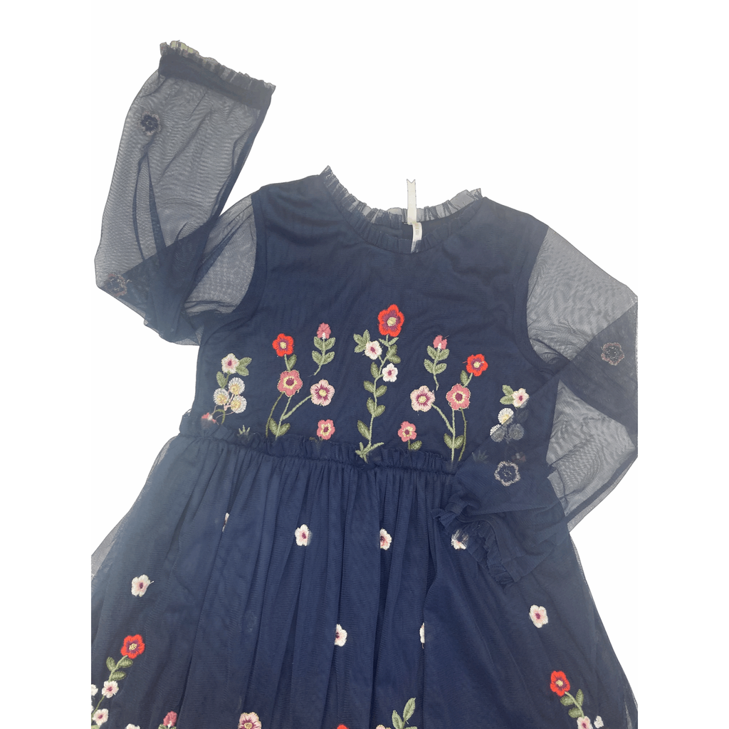 7-8Y Navy Blue Floral Embroidered Tulle Dress - Little Stitches