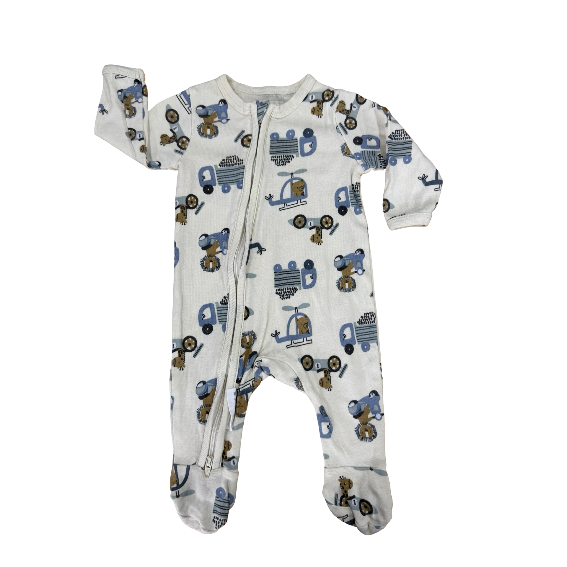 1-3M Cream onesie with cute animals on transport & zip - Woolworths