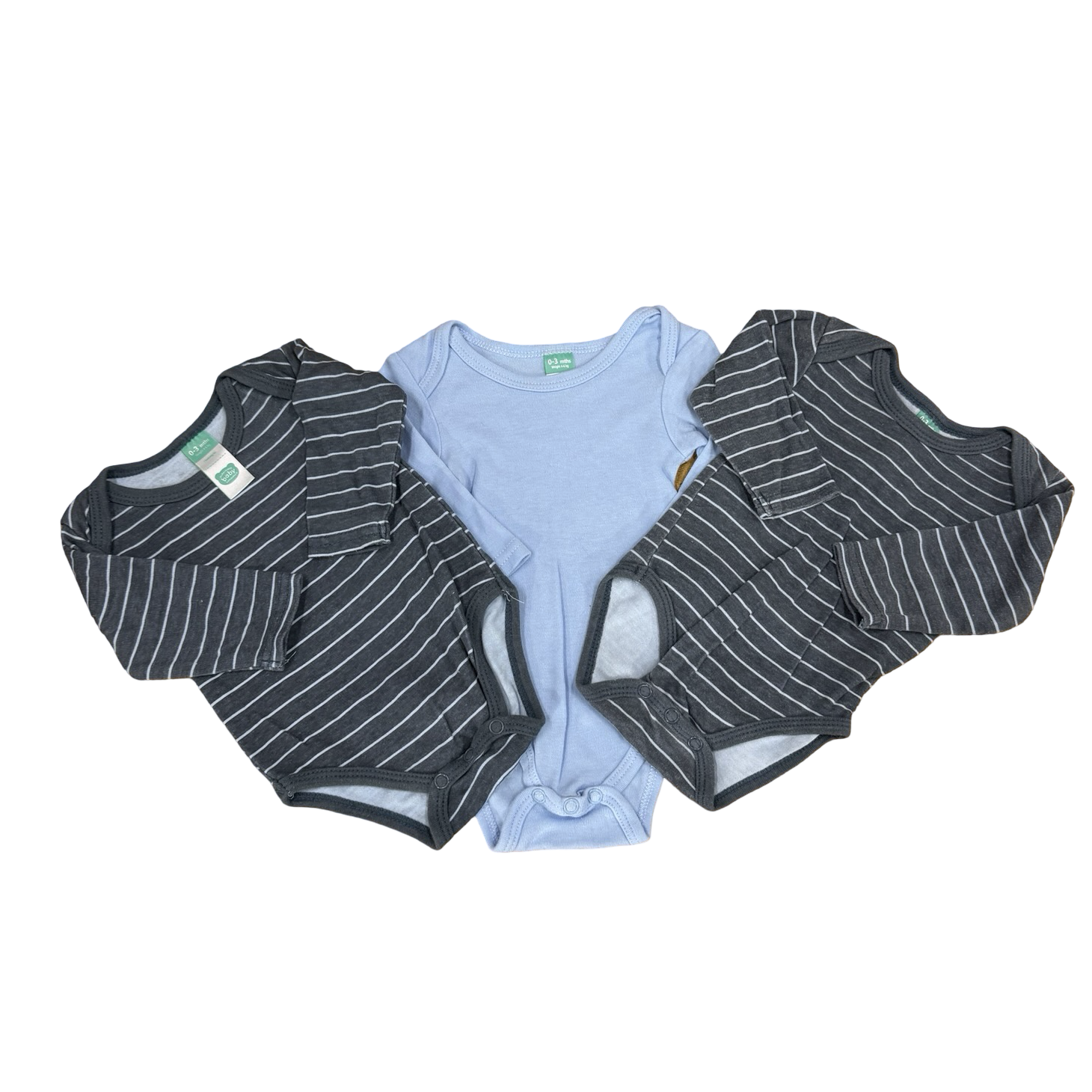 0-3M 3pc Light Blue & Grey Striped Long Sleeve Bodysuits - Ackermans