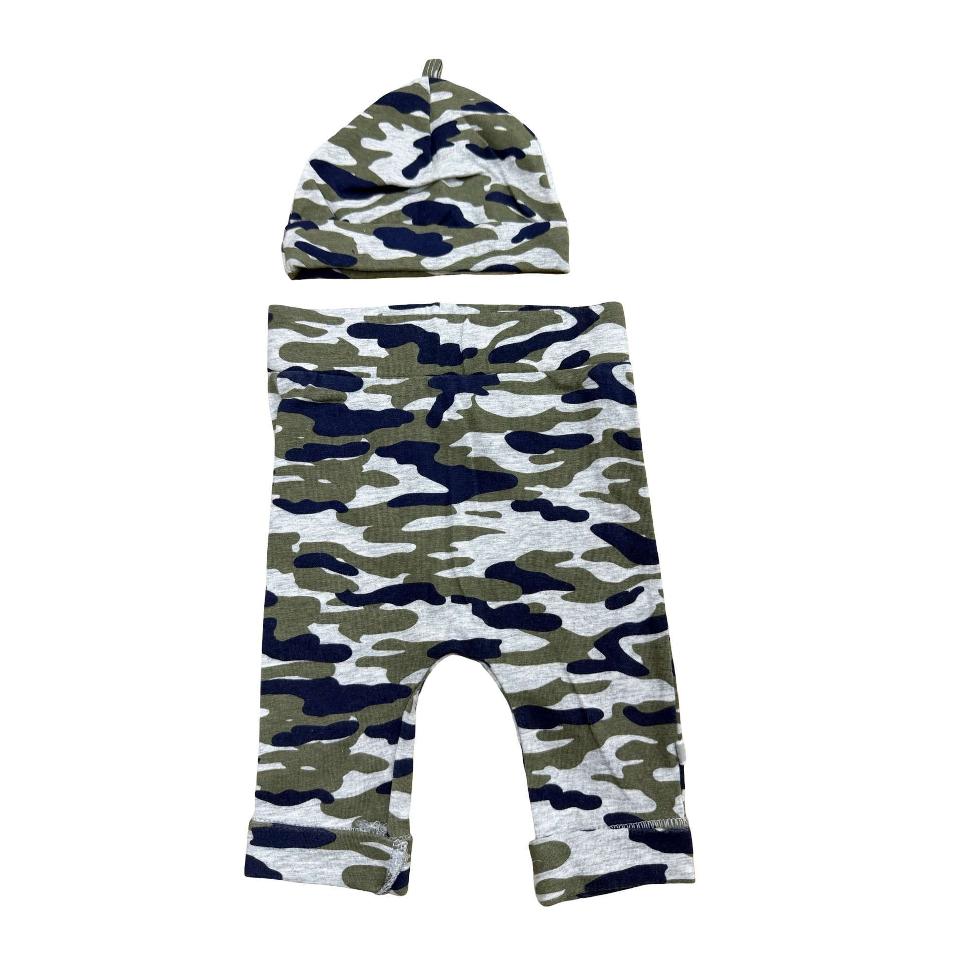 0-3M Grey, Navy & Khaki Camo Leggings & Beanie