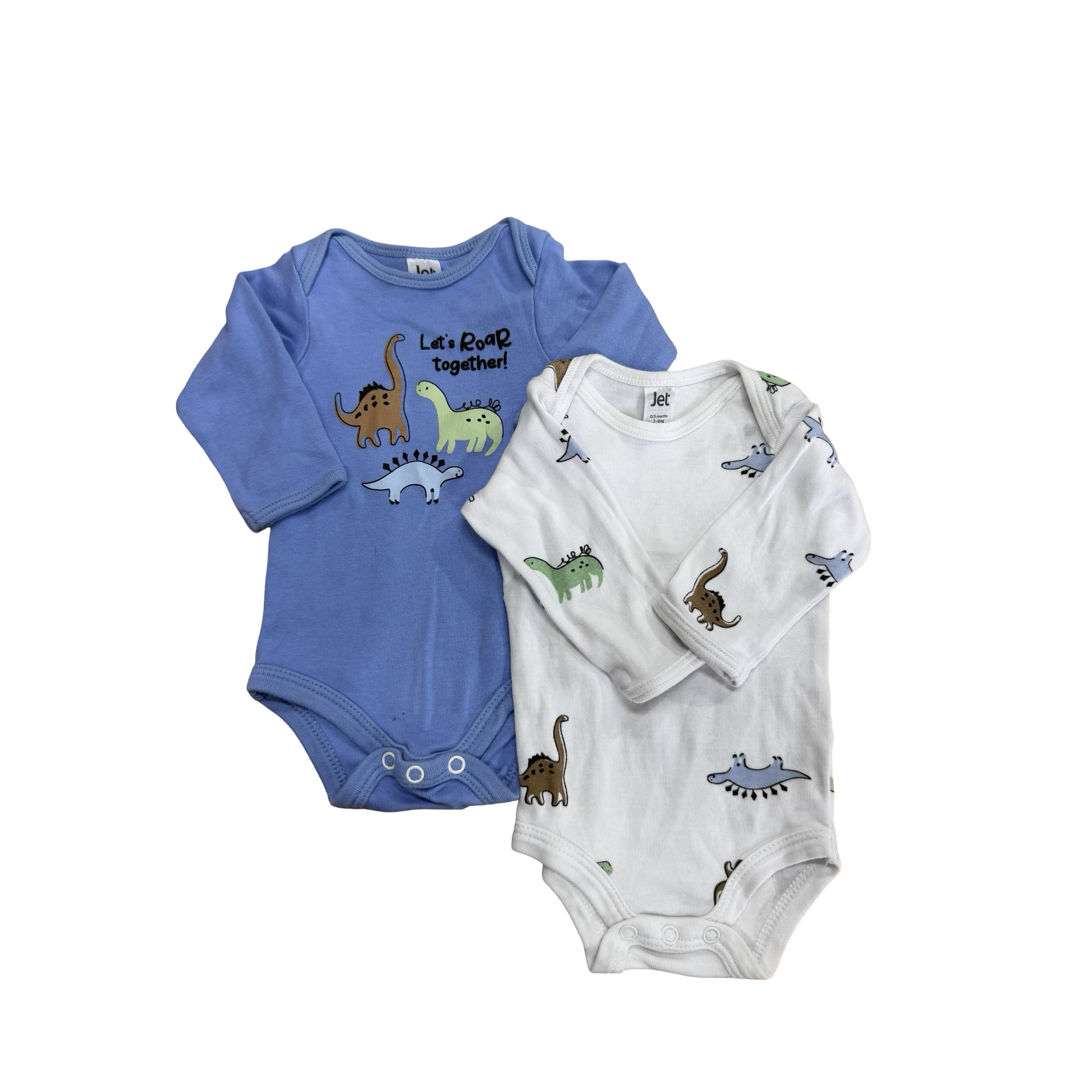 0-3M 2PC Blue & White Long Sleeve Bodysuits with Dinosaurs - Jet