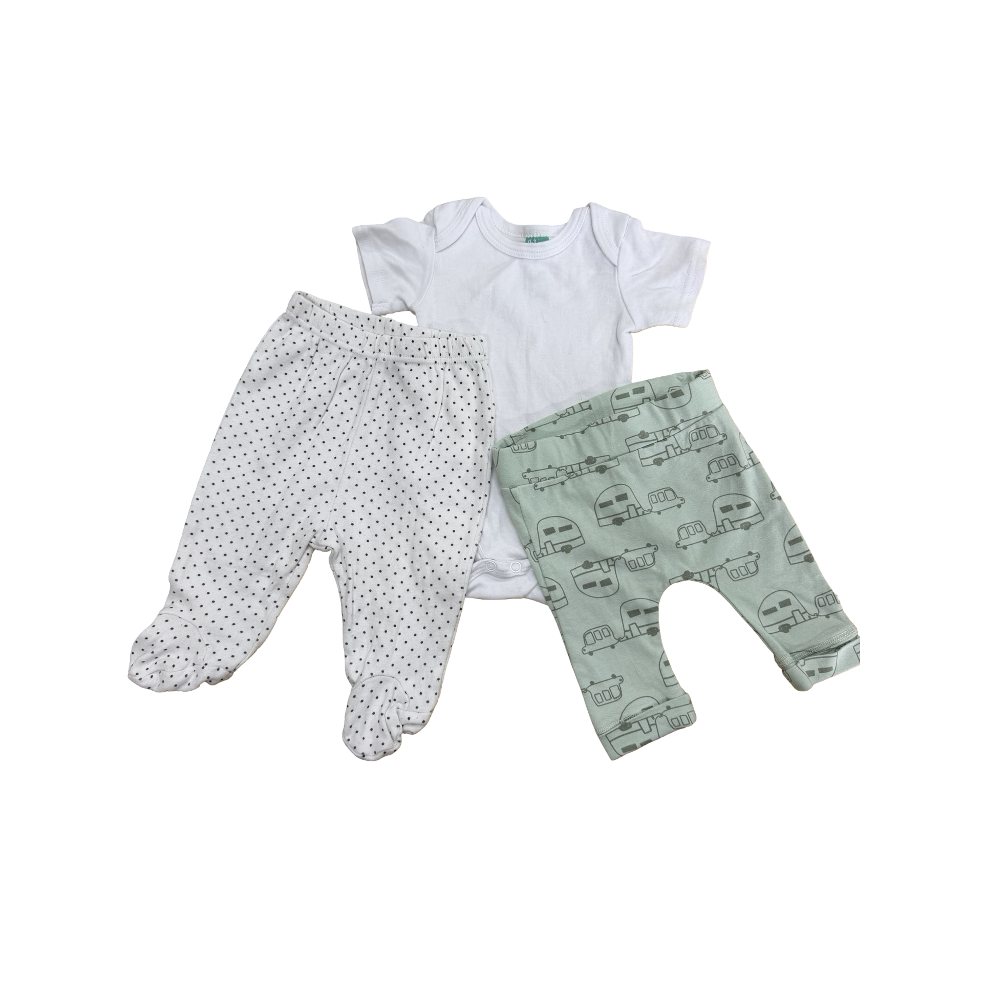 0-3M 3PC Bundle: White Bodysuit, Caravan Harem Pants & Polka Dot Footed Leggings - Ackermans & Woolworths