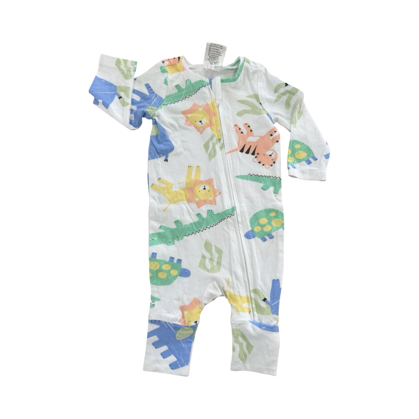 0-3M White and Multicolour Animal Onesie with Zip - Cuddlesome