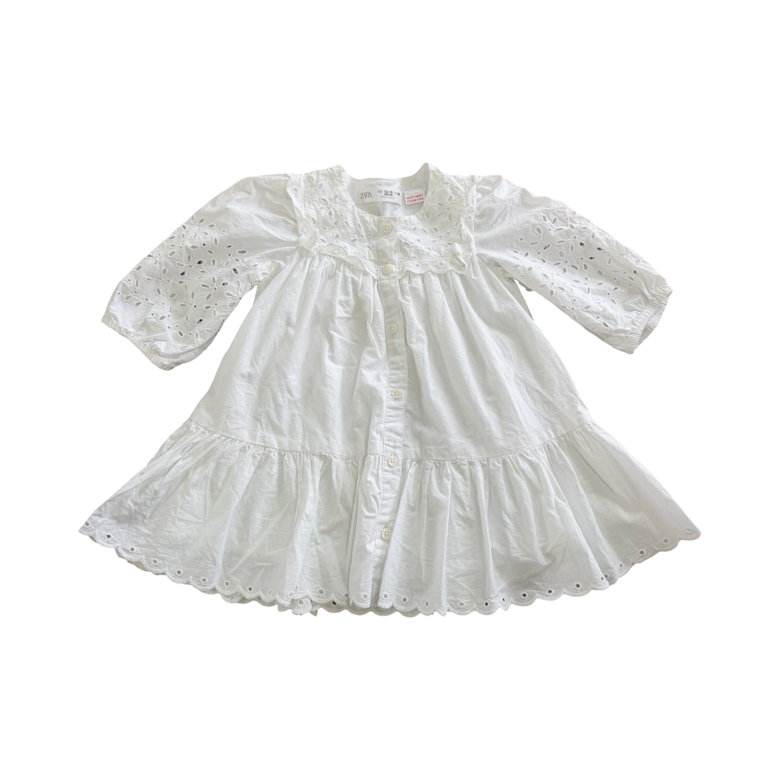 12-18M Beautiful White Cotton Classic Buttoned Dress - Zara