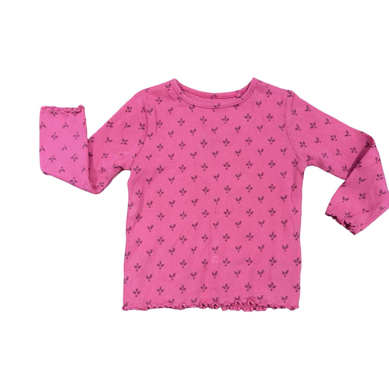 9-12M Bright Pink & Brown Ribbed Stretch Long Sleeve Shirt - Next