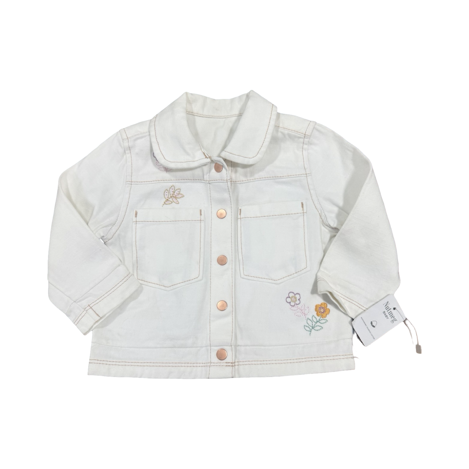 6-9M Off-White Cotton Jacket with Flower Embroidery detail - Nutmeg