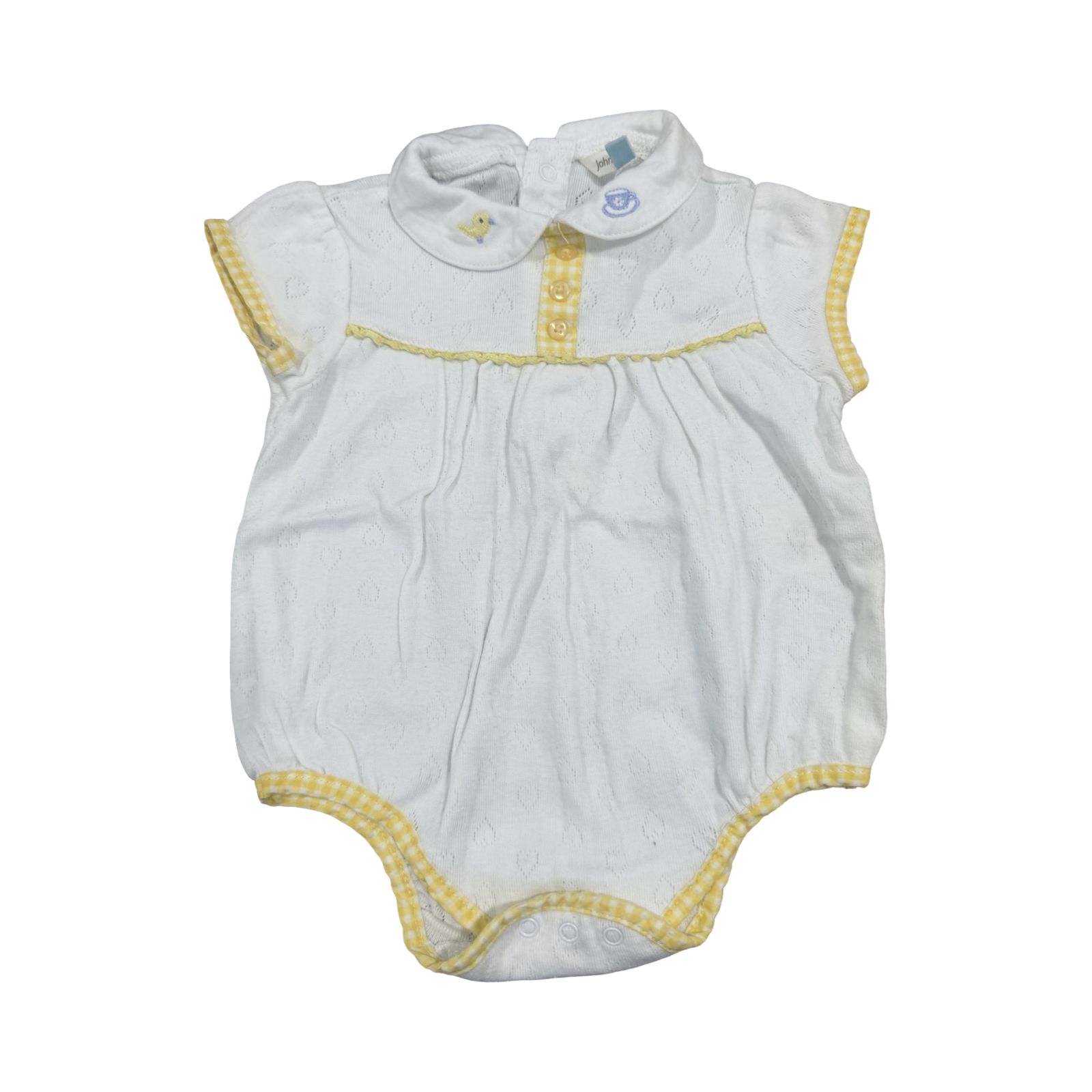 6-9M White & Yellow Cotton Romper with Peter Pan Collar - John Lewis Baby