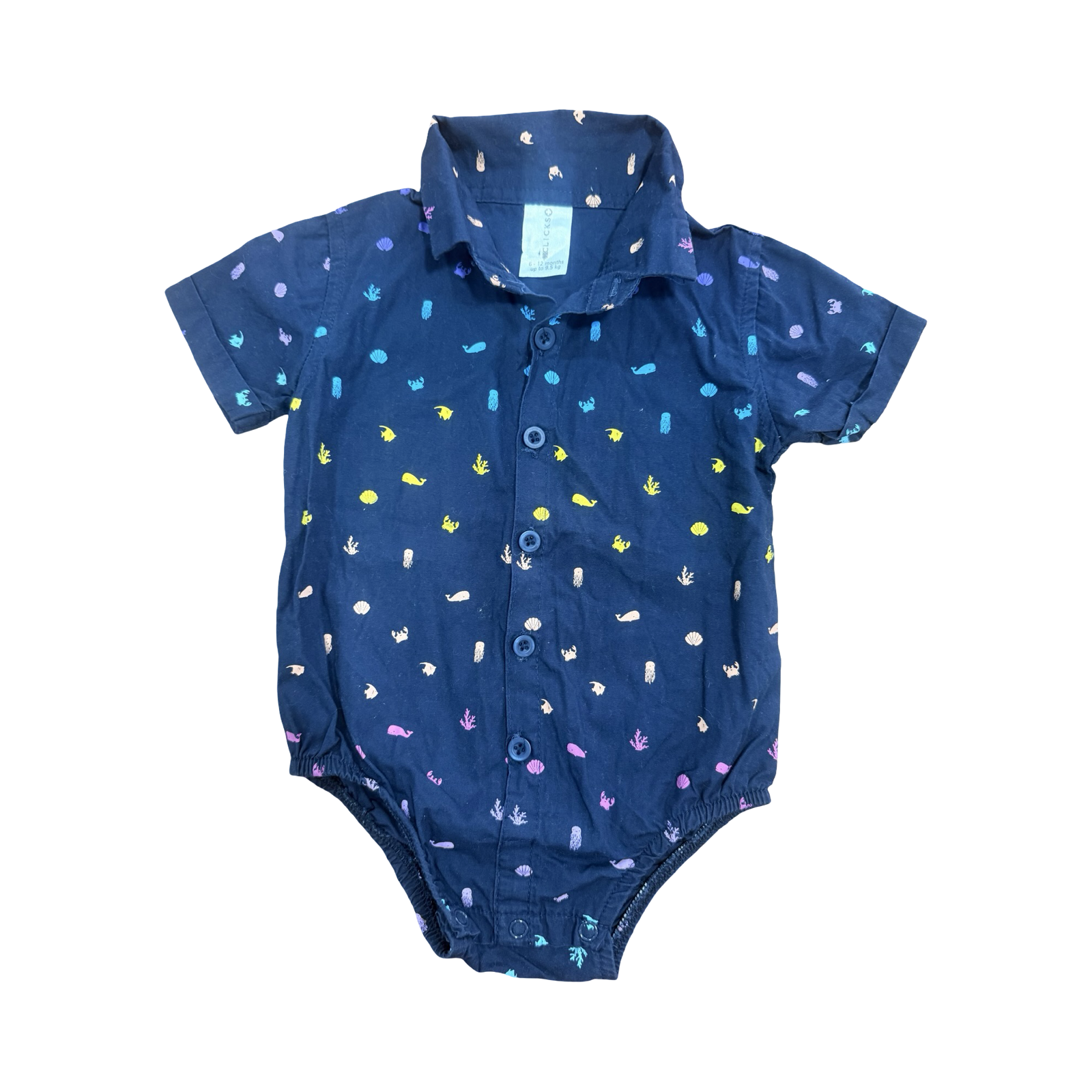 6-12M Navy Buttoned & Collar Romper with Sea Theme Design - Clicks