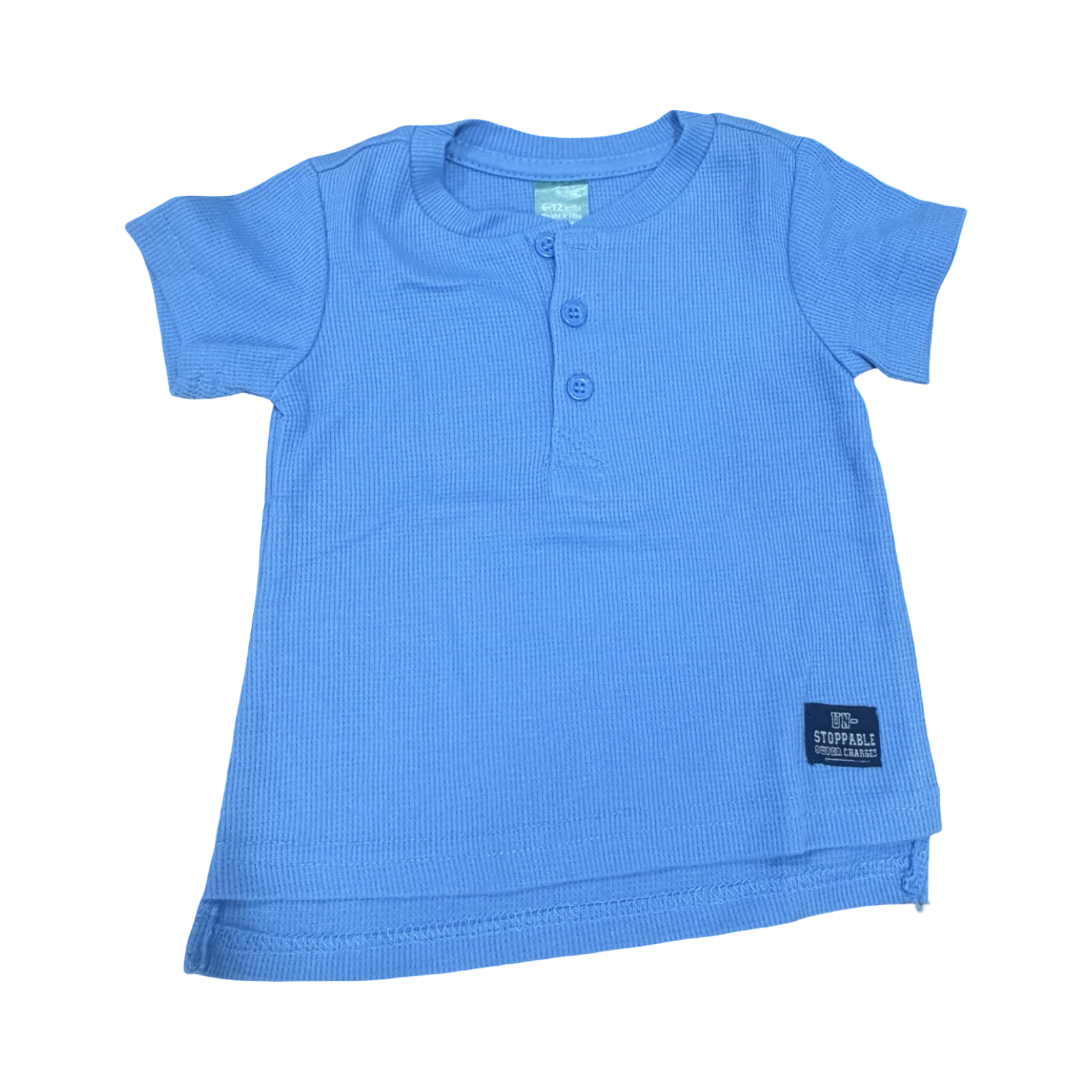 6-12M Light Blue Waffle Knit Short Sleeve Shirt with Buttons - Ackermans