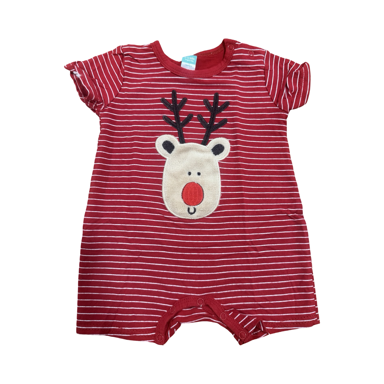 6-12M Red & White Stripe Reindeer Christmas Romper - Ackermans