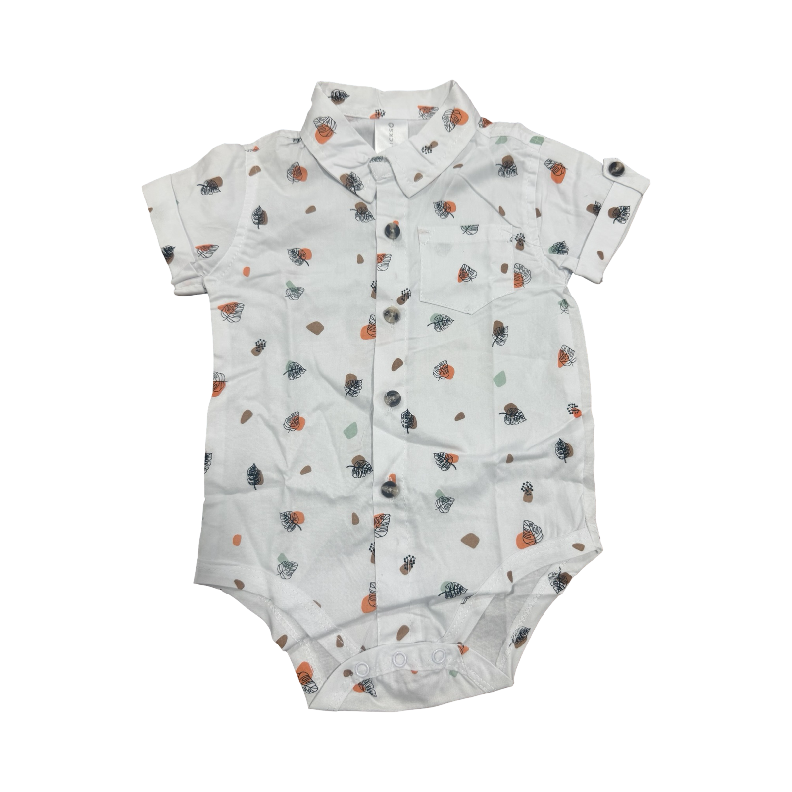 6-12M White Leaf Design Short Sleeve Buttoned T-Shirt - Clicks
