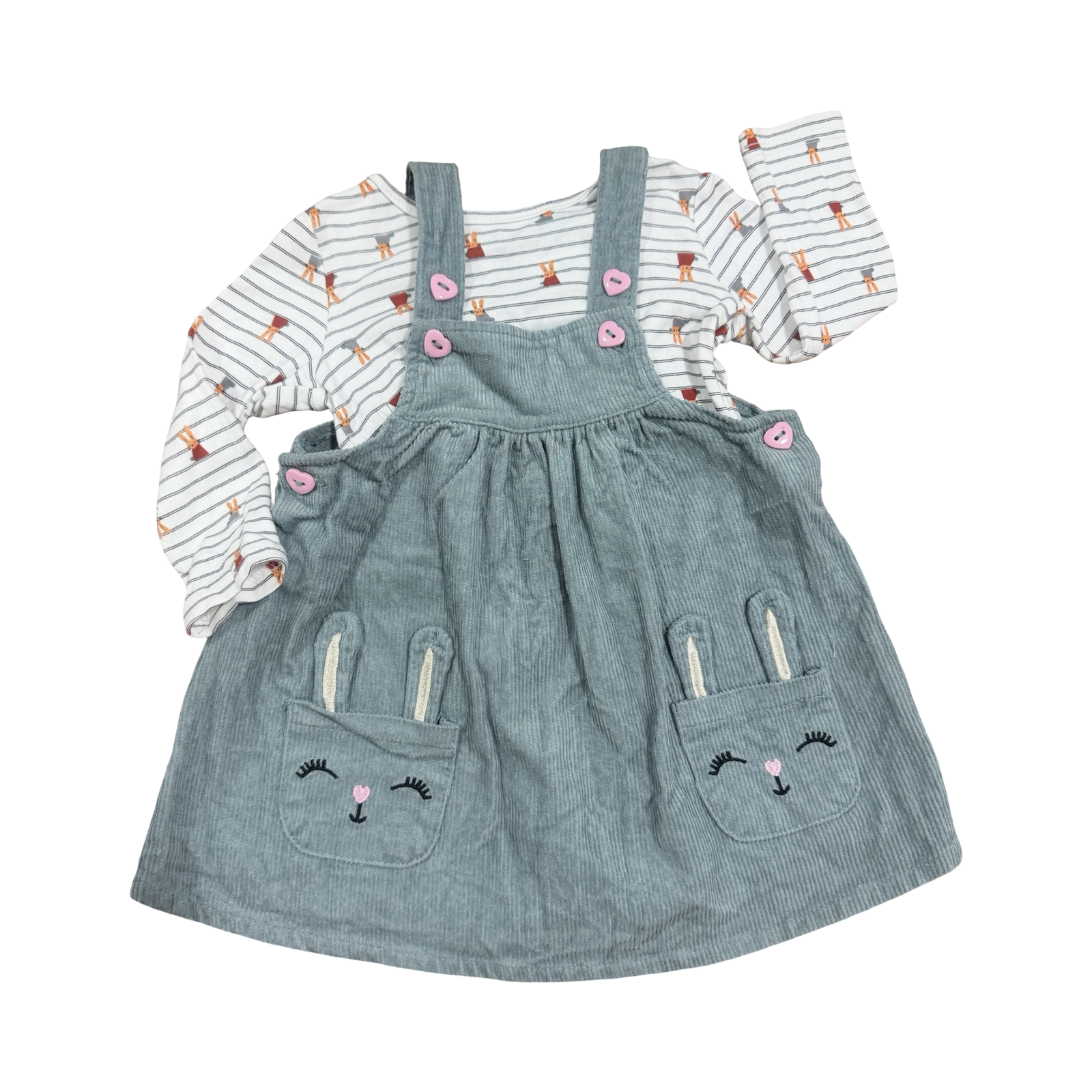 6-12M 2pc Green Corduroy Bunny Dress with Long Sleeve Shirt - Ackermans