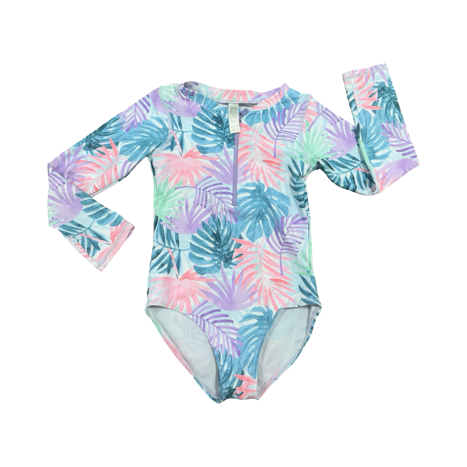 4-5Y Multicolored Leaf Design Swimming Costume Long Sleeves with Zip - Real Kids