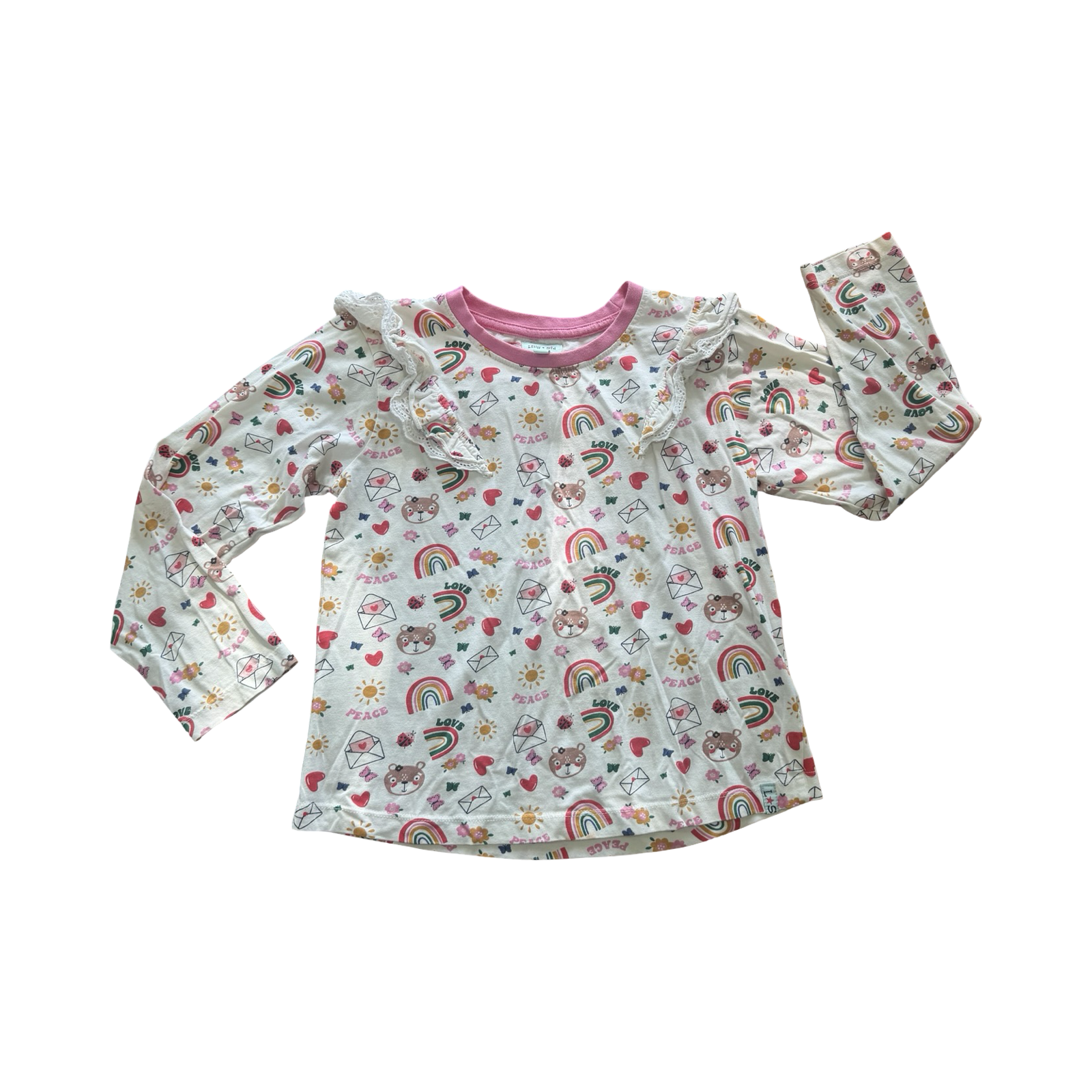 7-8Y Cream & Pink Long Sleeve T-Shirt with Cute Icons and Frill Detail - Lilly & Sid