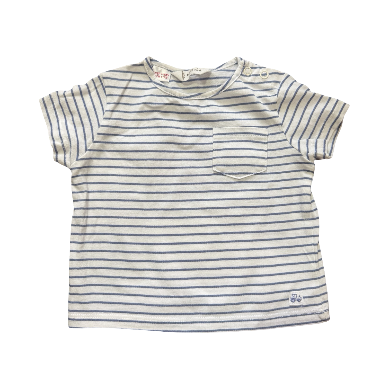 6-9M Blue & White Pin Stripe T-Shirt with Pocket - Mango