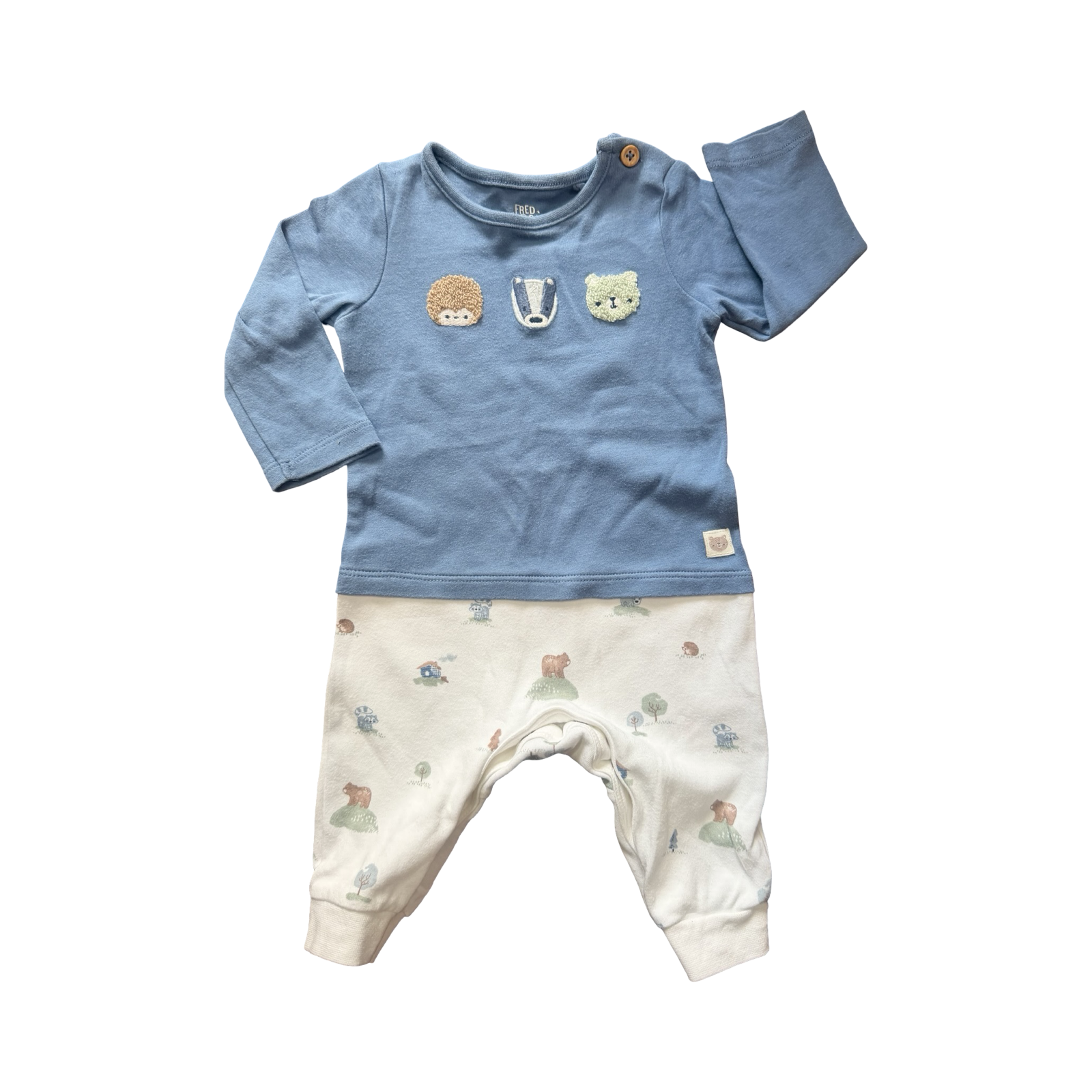 0-3M Blue & White Animal Detail Onesie - Fred Flo