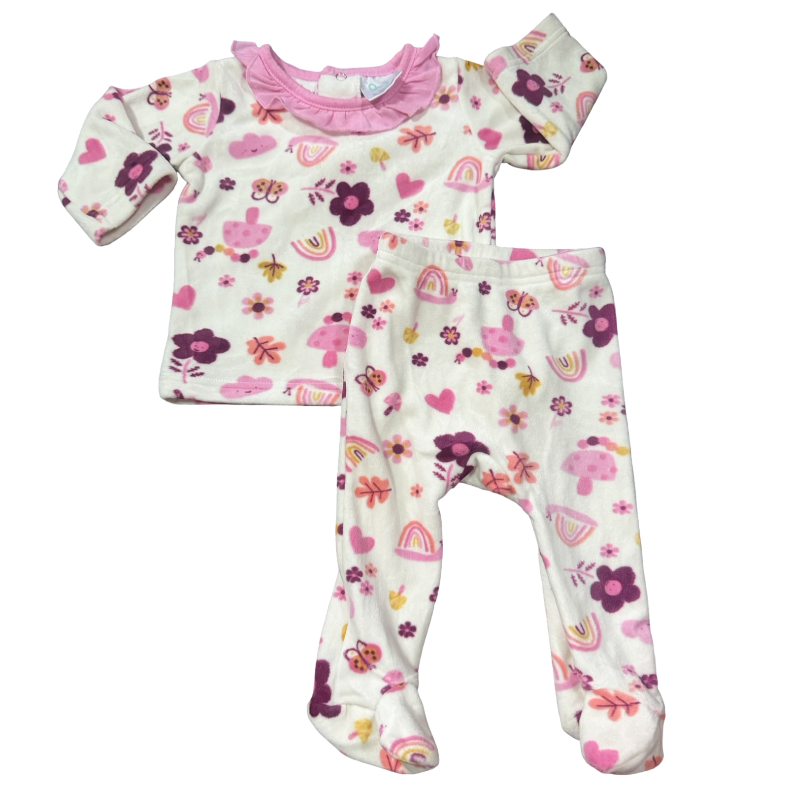 0-3M Pink & White Floral Design Velour 2pc Winter Set - Cuddlesome