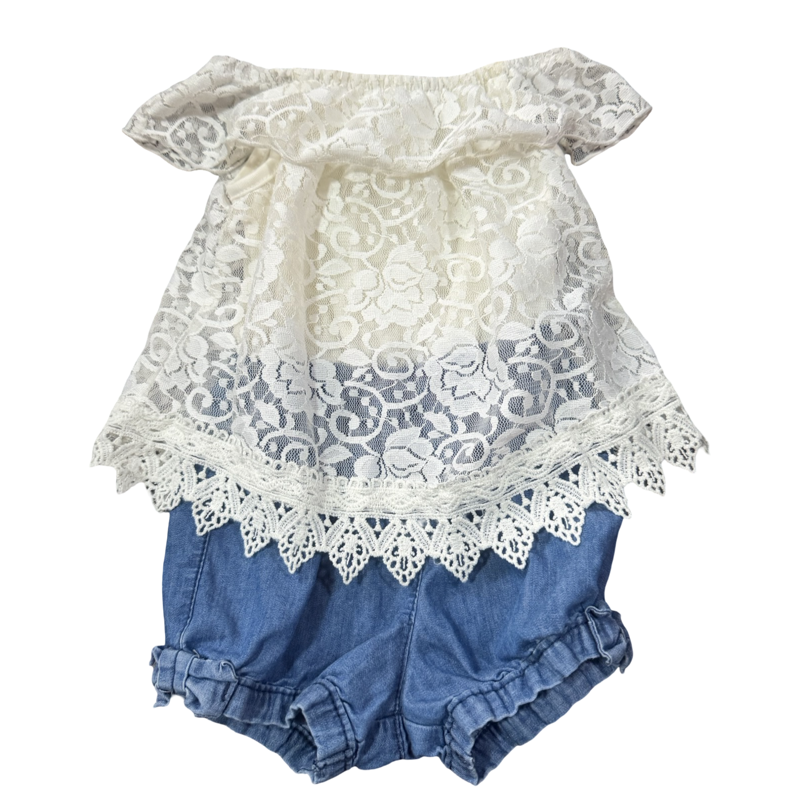 3-6M One Piece Bodysuit with Denim Bottoms and Lace Top - Ackermans