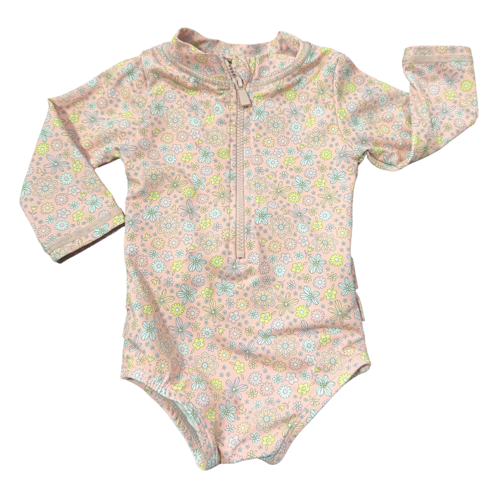 0-3M Peach Floral Long Sleeve Swimming Costume with Zip - Cotton On