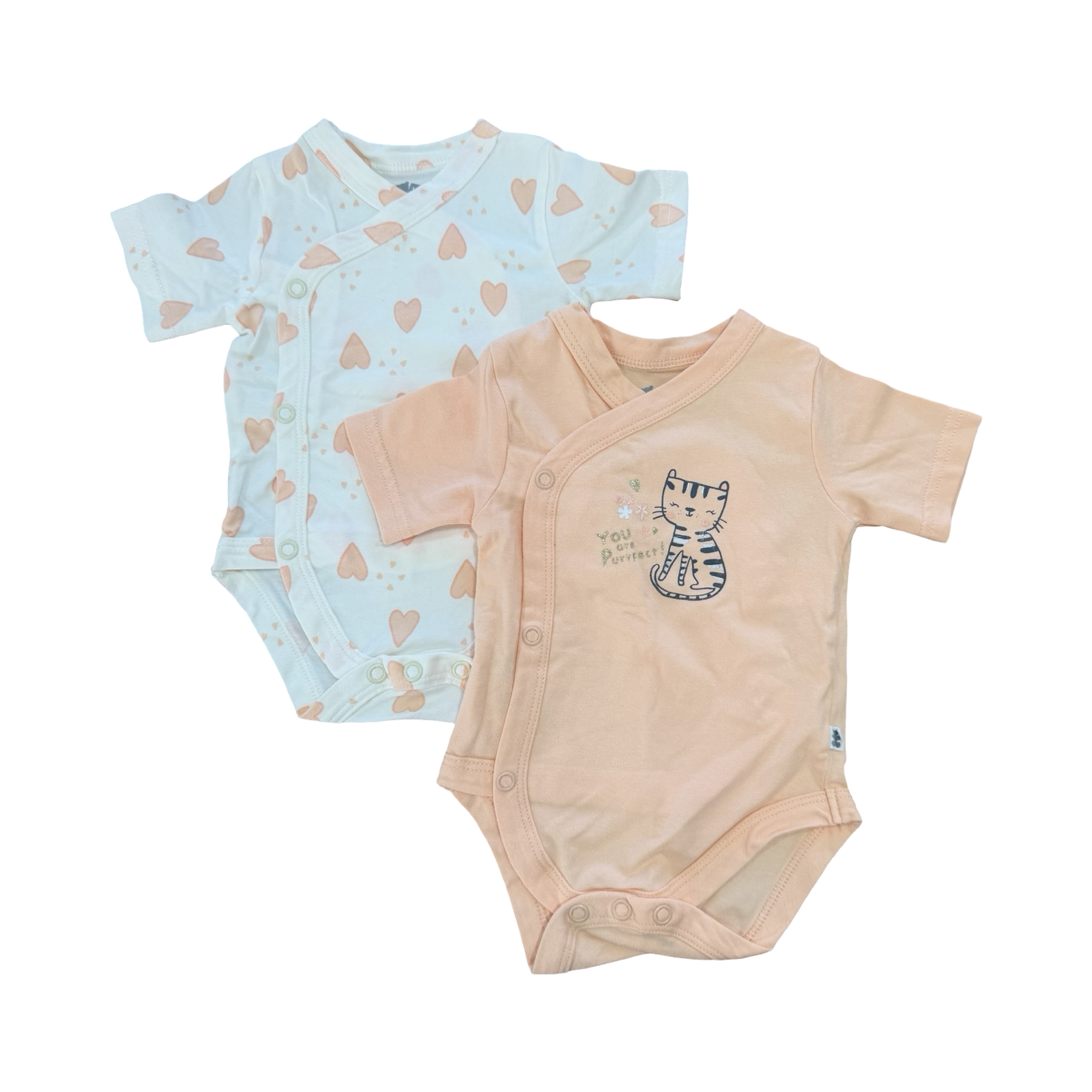 1-3M 2pc Peach & Cream Kitty and Hearts Bodysuits - Woolworths