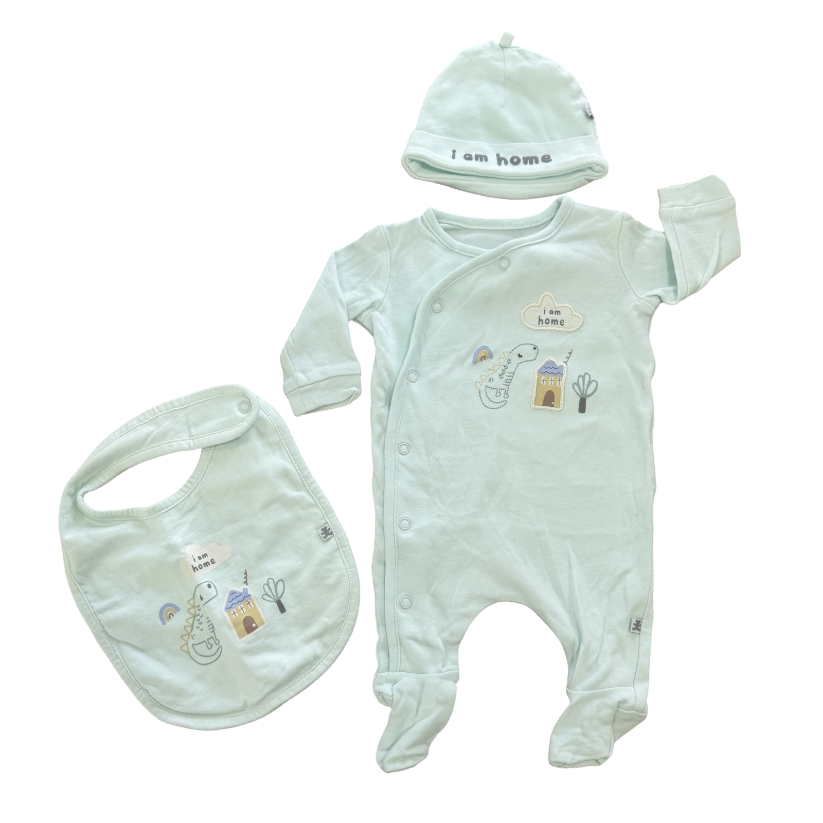 Newborn Light Green Dinosaur Theme 3pc Babygrow, Beanie & Bib - Woolworths