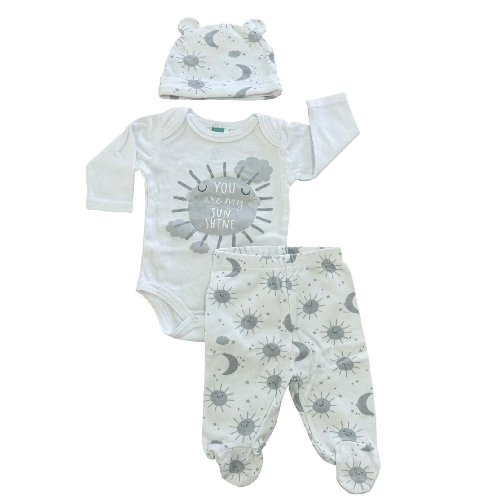 Newborn 3pc Grey & White Bodysuit, Pants & Beanie Set - Ackermans