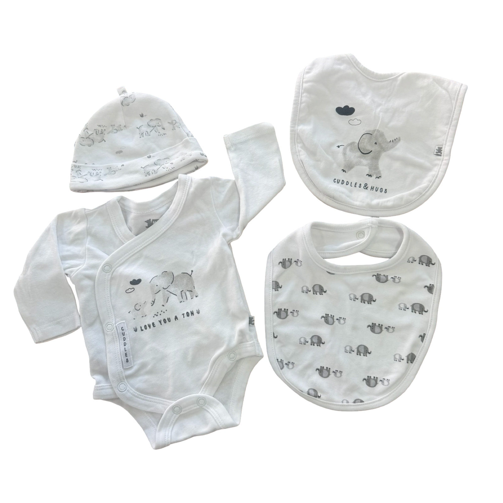 Newborn 4pc Grey & White Bodysuit, Beanie and 2X Bib Set - Woolworths