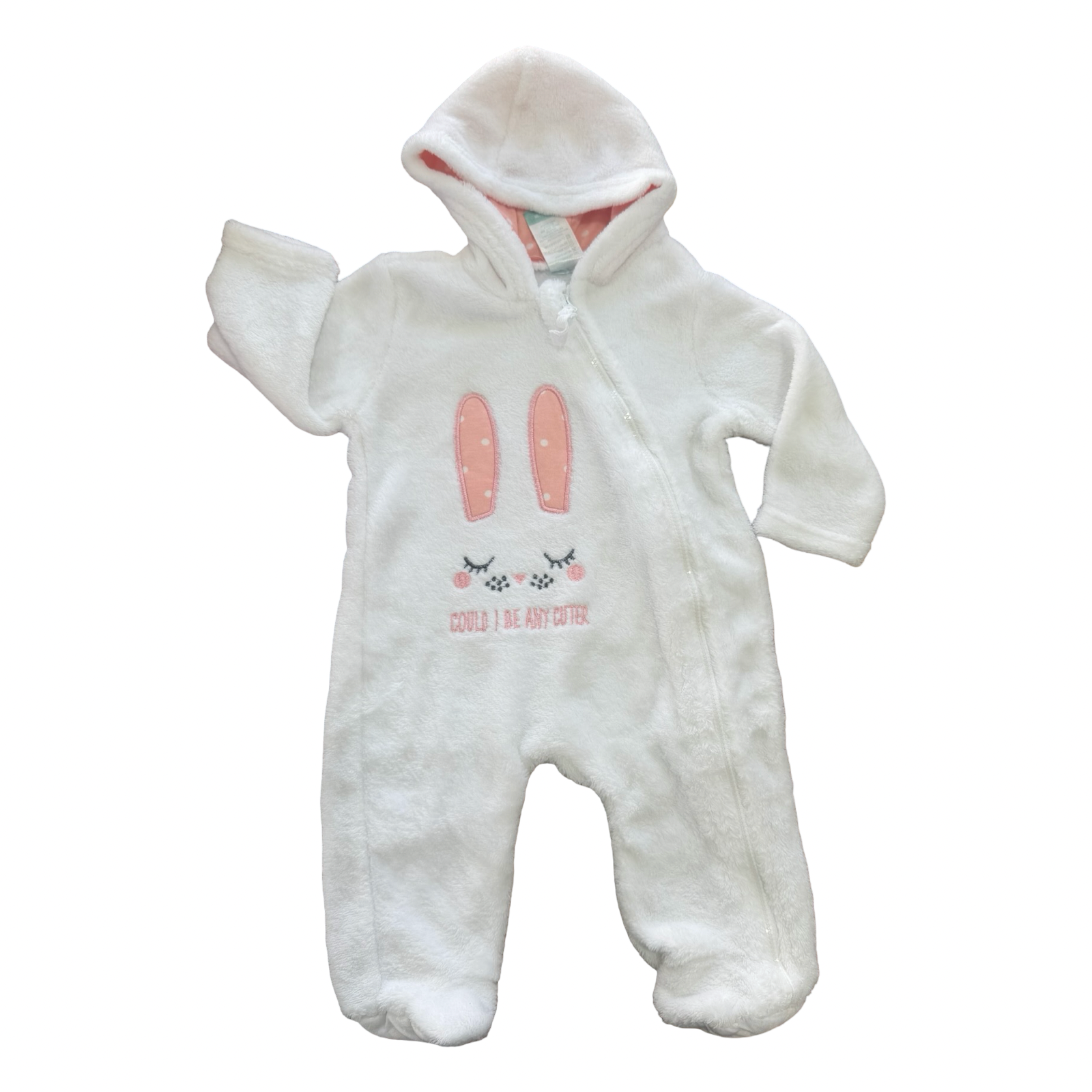 0-3M White Fleece Bunny Zipper Onesie - Ackermans