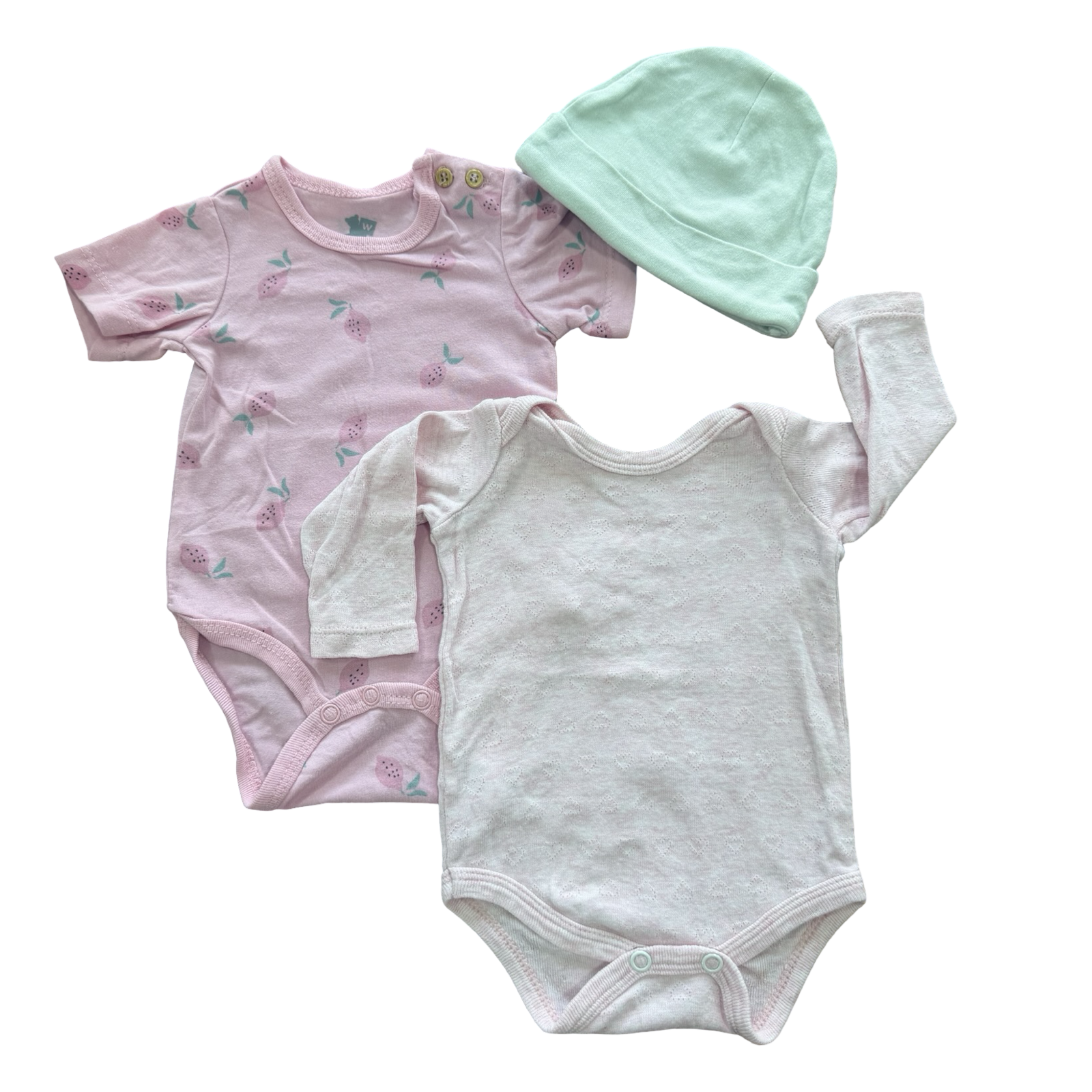 Newborn 3pc Pink & Green Bodysuit & Beanie Set - Woolworths