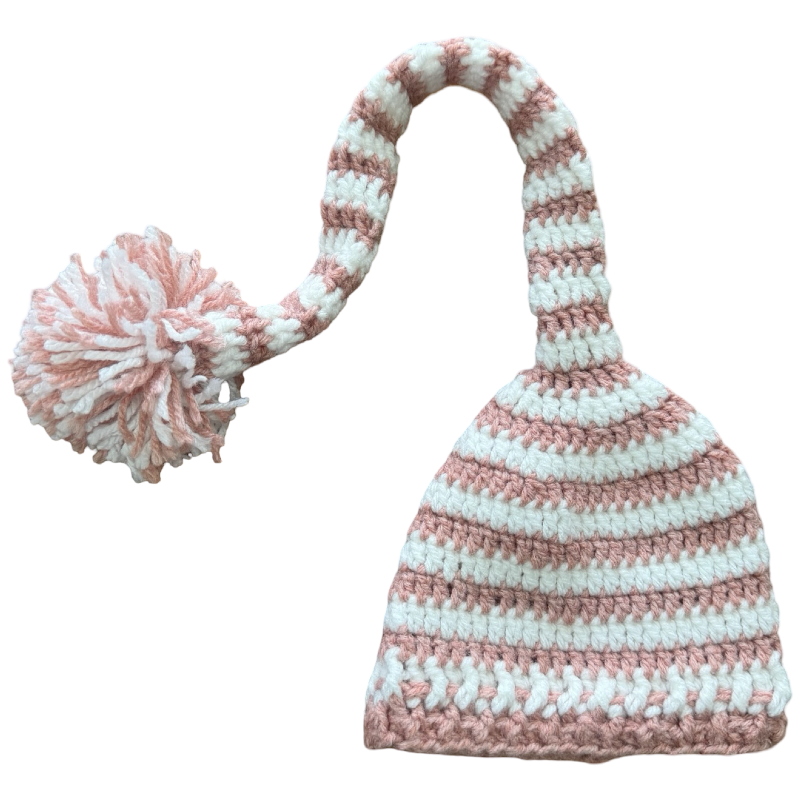 One Size Pink & White Knitted Beanie with Long End and Pom Pom