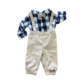 0-3M 2pc Navy & White Check Collar & Button Shirt with Cream Trousers - Naartjie