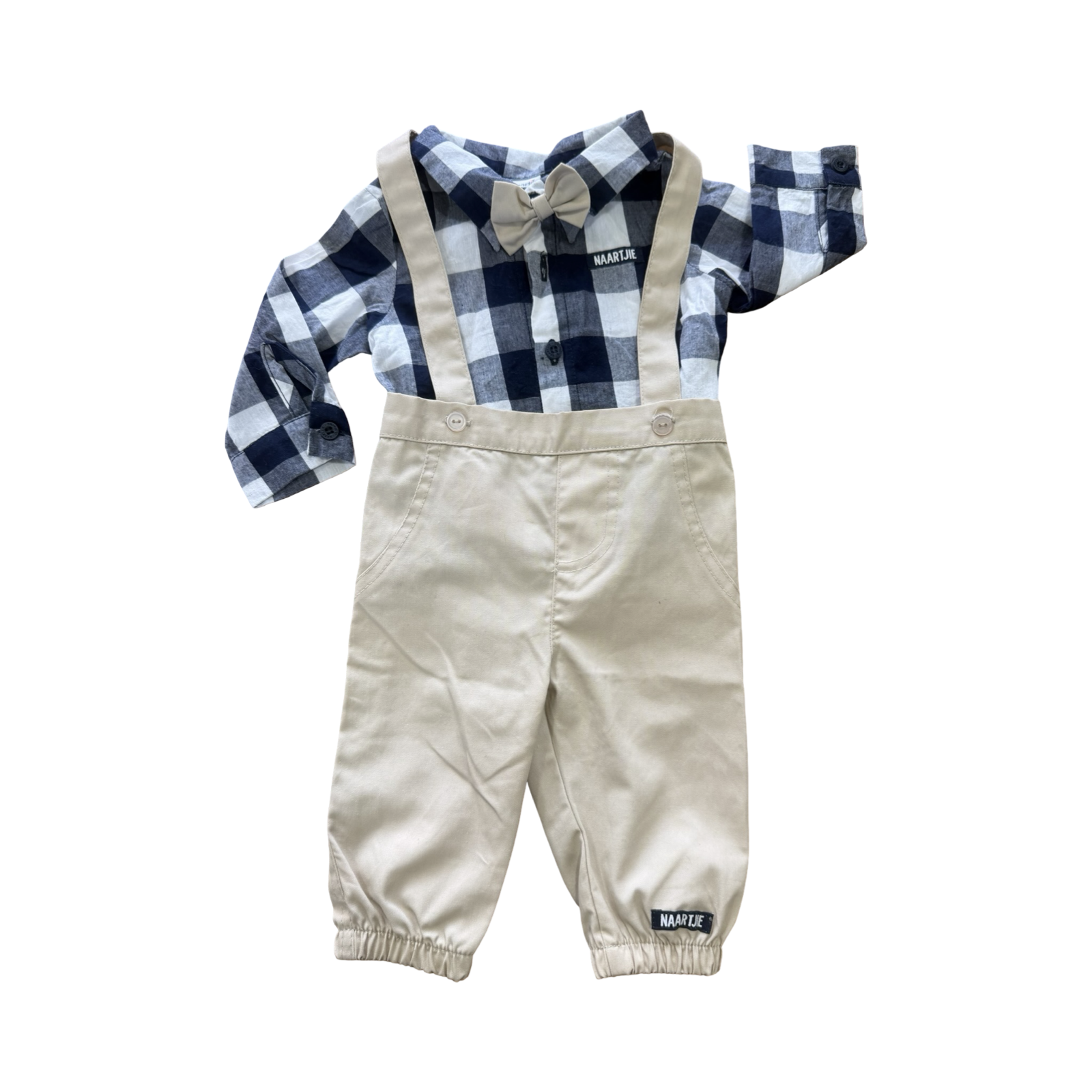 0-3M 2pc Navy & White Check Collar & Button Shirt with Cream Trousers - Naartjie