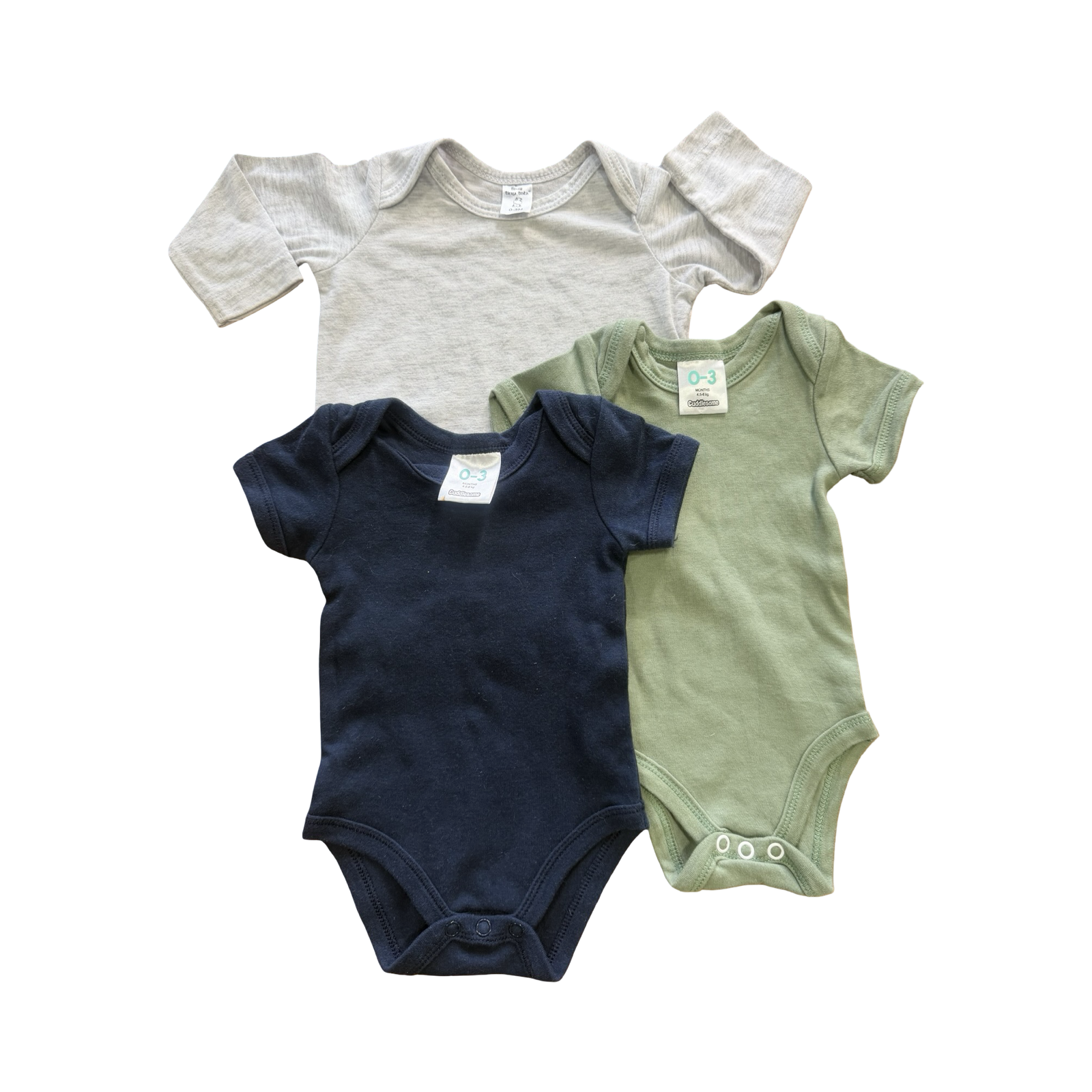 0-3M Blue, Grey & Green 3pc Bodysuit Set - Cuddesome