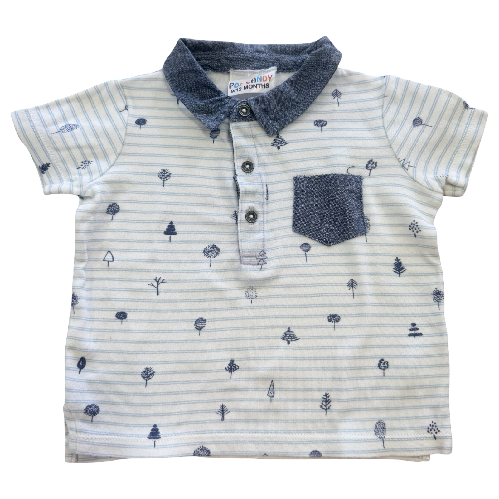 9-12M Chambray Blue & White Stripe Golf Shirt - Pop Candy